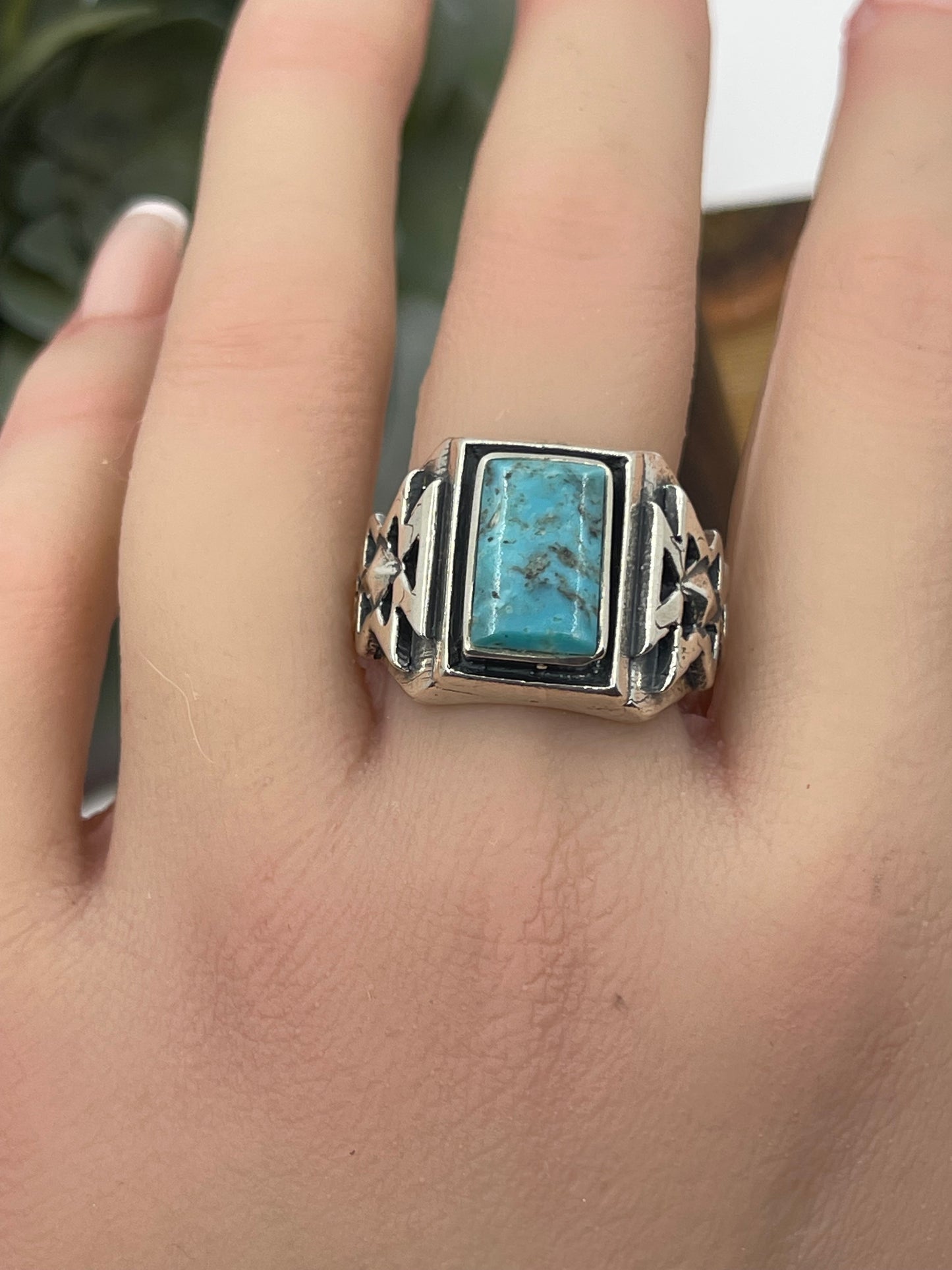 9.5 Blue Kingman Turquoise Rectangle Ring by Bevis Tsadiasi, Zuni