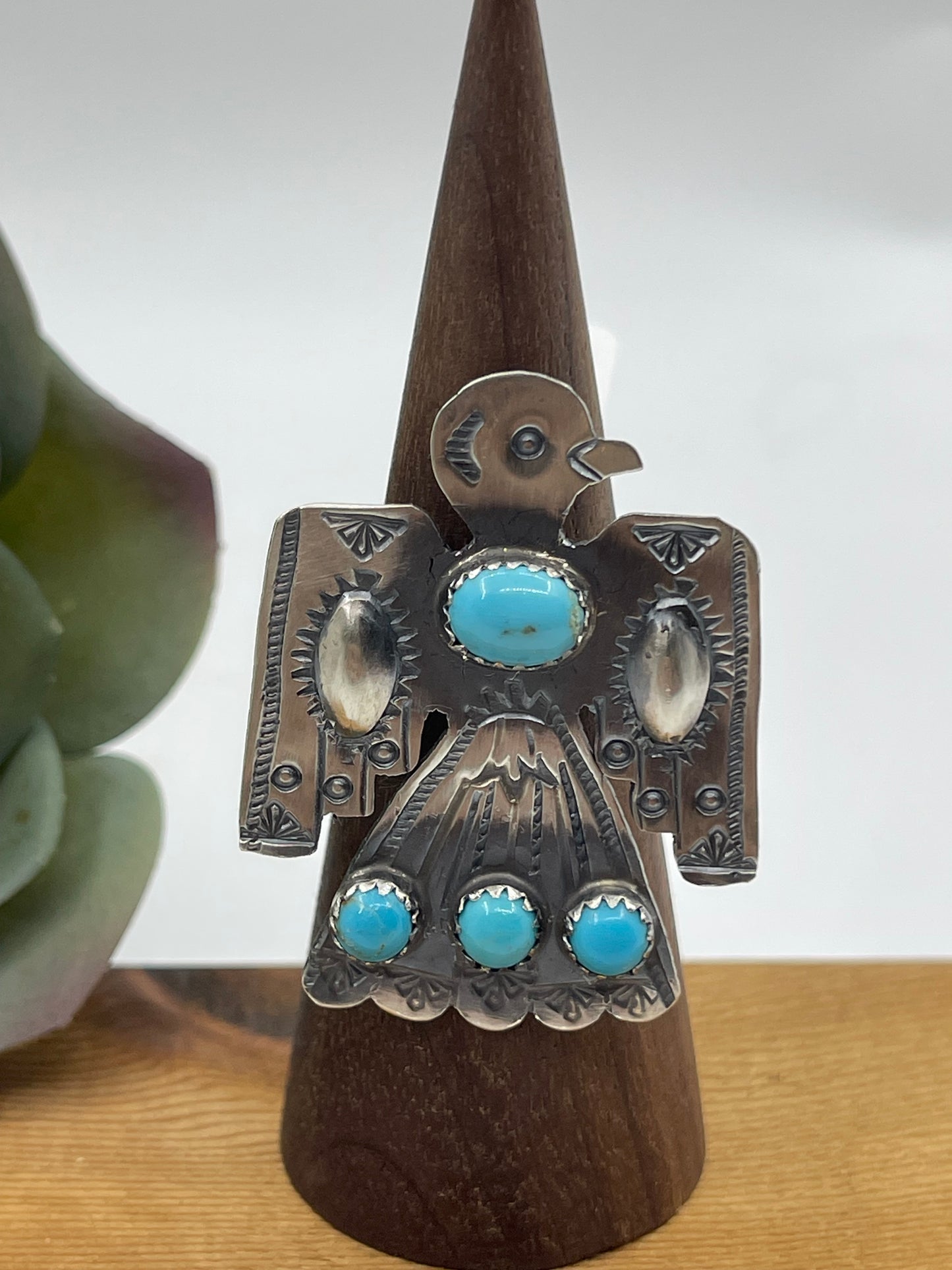 Adjustable 6.0-8.0 Turquoise Thunderbird Ring by Tim Yazzie, Navajo