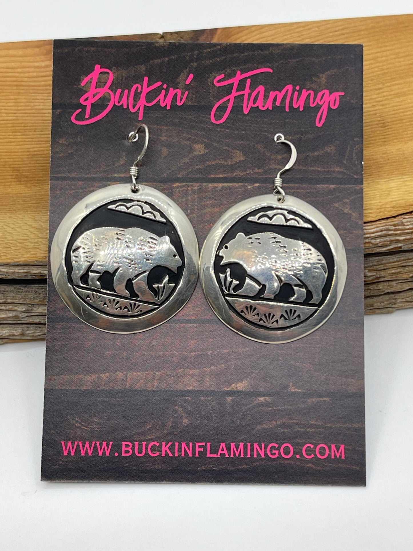 Silver Overlay Bear Circle Dangle Earrings by Tommy and Rose Singer, Navajo