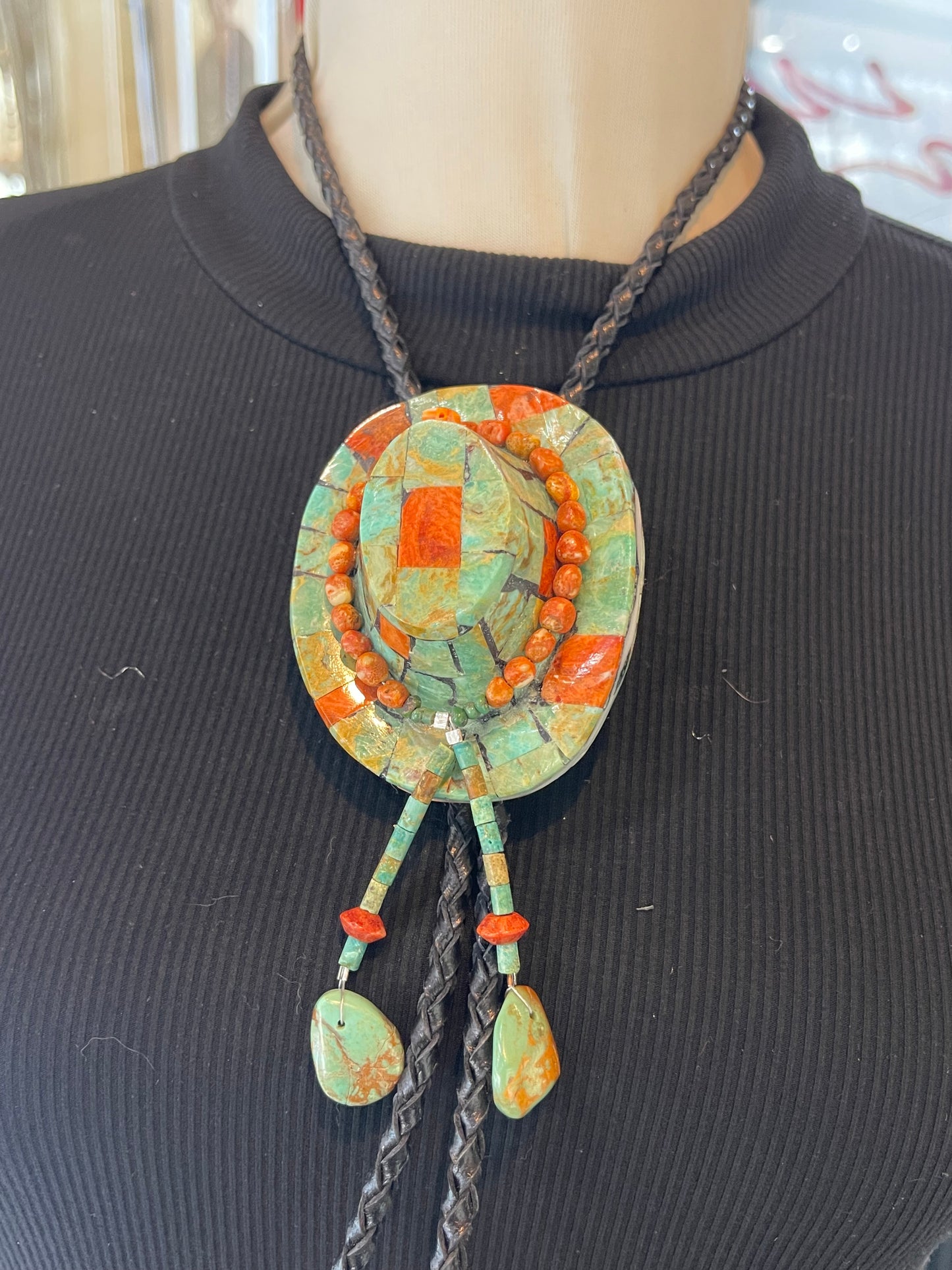 Turquoise with Orange Coral Cowboy Hat Bolo Tie by Jolene Bird, Santo Domingo