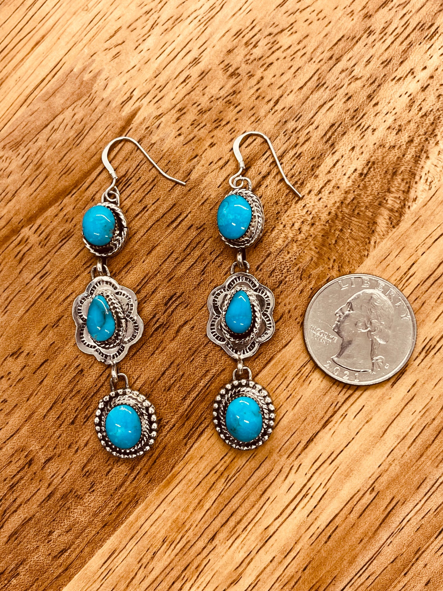 3 Stone Turquoise Dangle Earrings by Marie Tahe, Navajo