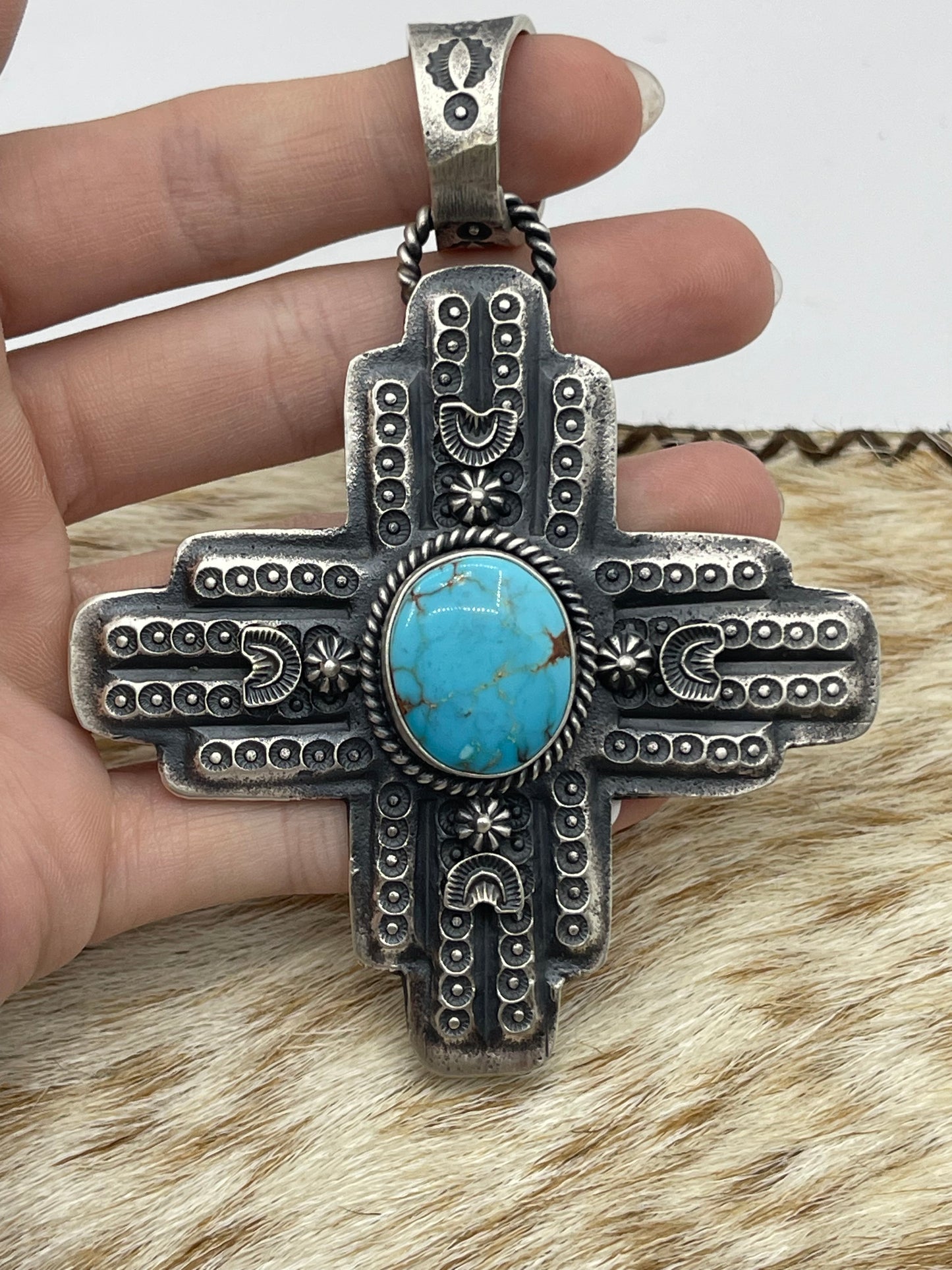 Kingman Turquoise Zia Symbol Pendant with a 17.5mm Bale by Kevin Billah, Navajo