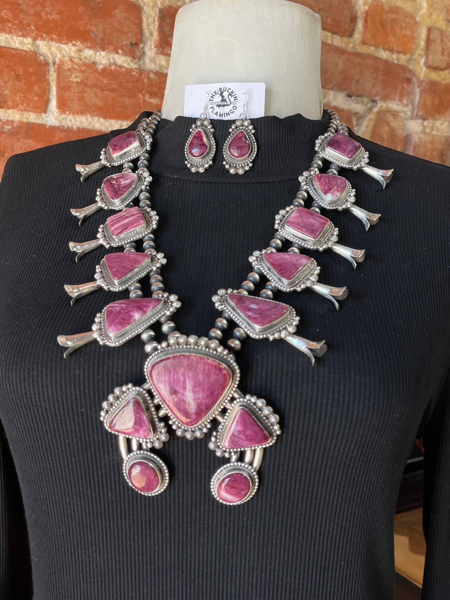 LOT 6 5/31 24" Purple Spiny Squash Blossom and Matching Earrings Set by Tom Lewis, Navajo