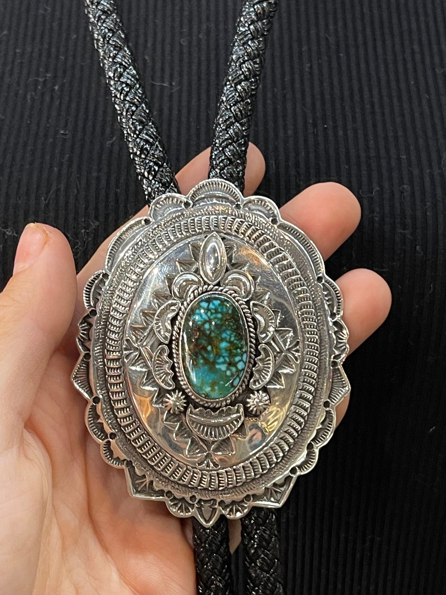 Concho High Grade Kingman Spiderweb Turquoise Bolo Tie by Leonard Maloney, Navajo