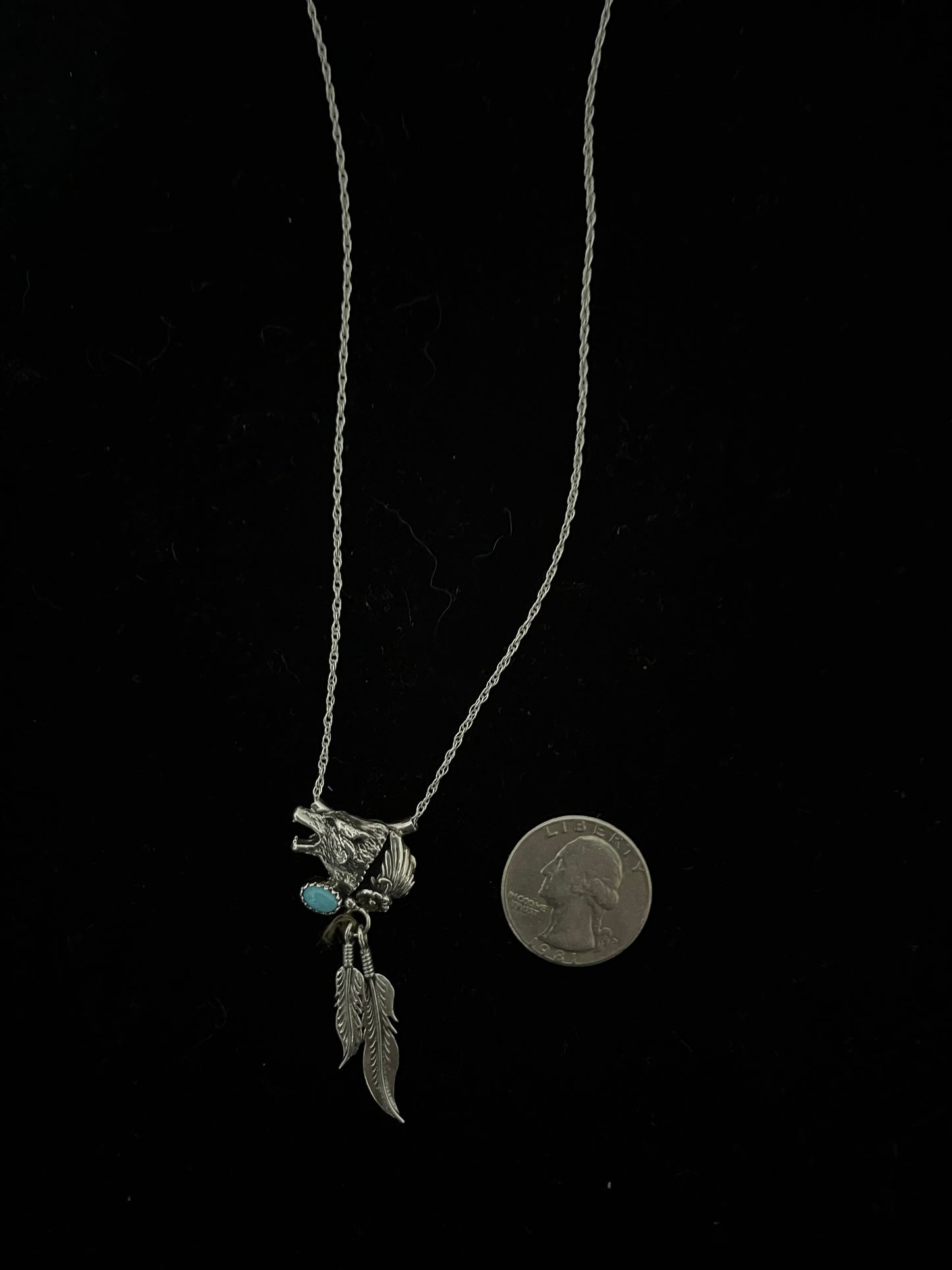 17" Turquoise Double Feather Wolf Necklace by Genevieve Francisco, Navajo