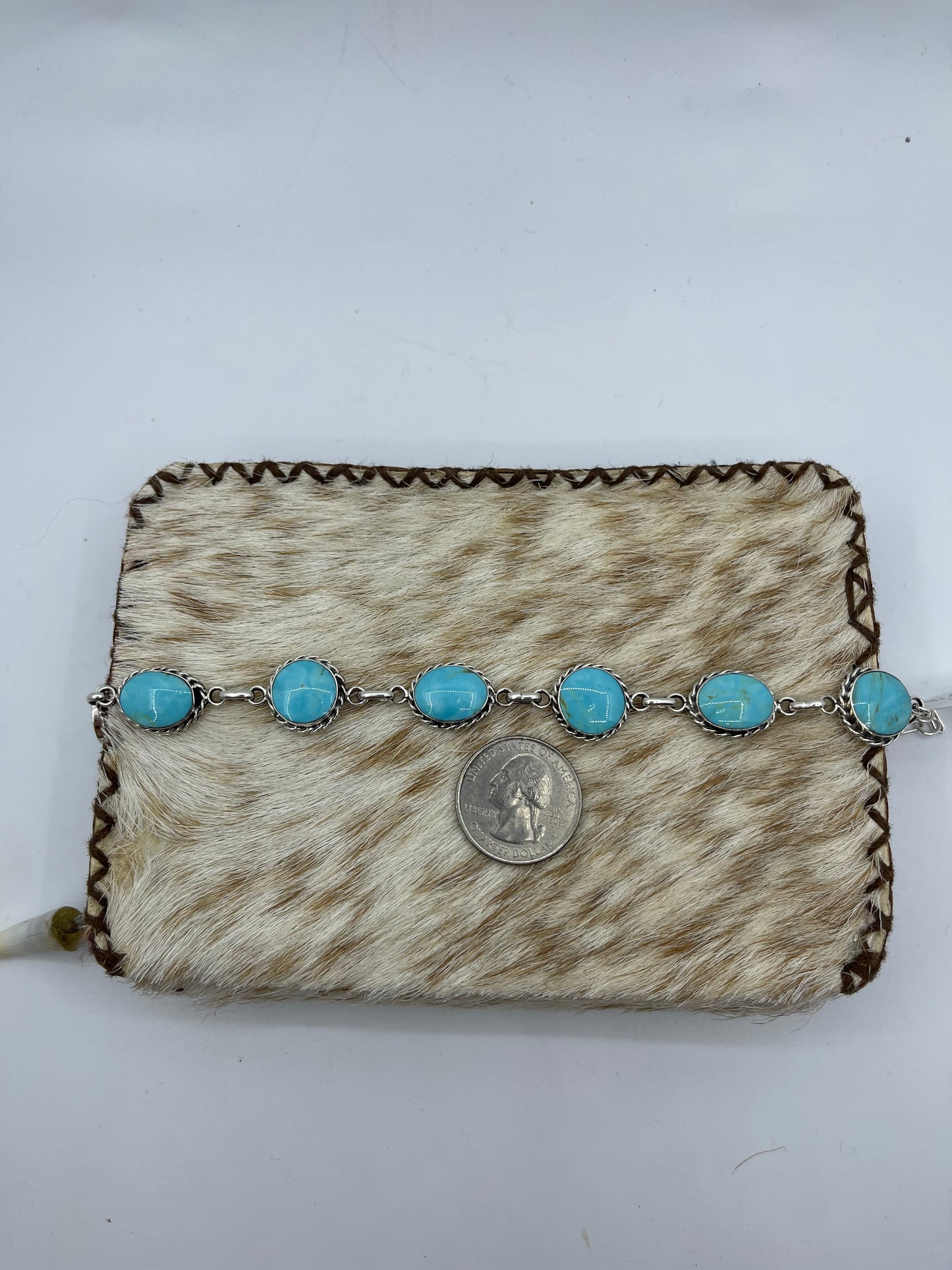 7 1/2"-9 1/2" 7 Stone Turquoise Linked Bracelet by Arlene Lewis, Navajo