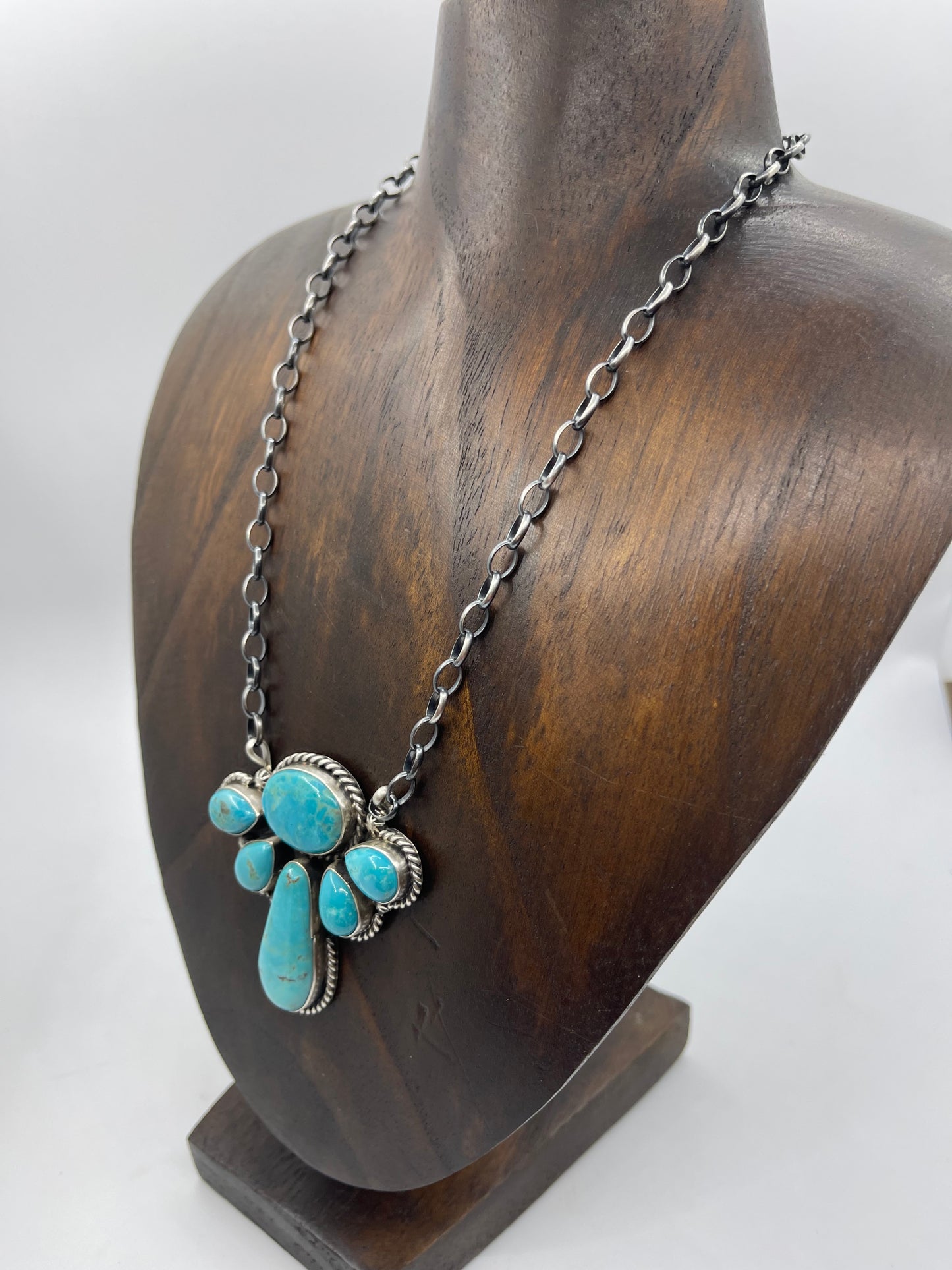 16" 6 Stone Kingman Turquoise Cluster Necklace by Elouise Kee, Navajo