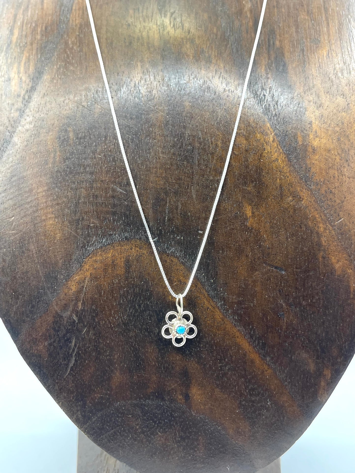 18” Chain with Turquoise Tiny Flower Pendant by Connie Bowannie, Zuni