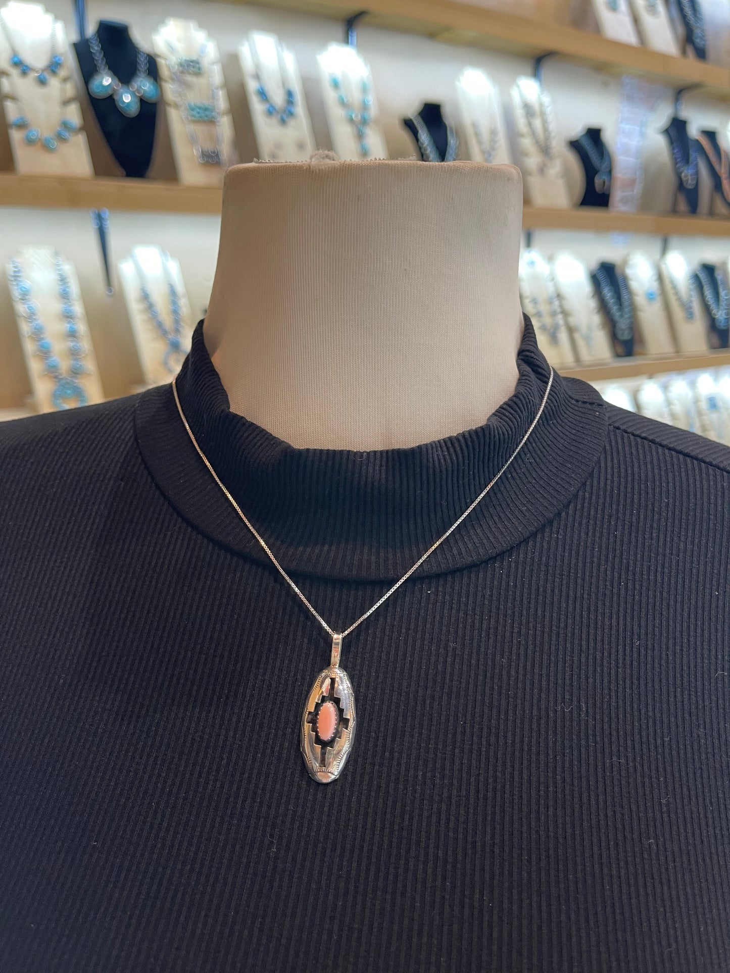 18" Pink Conch Shell Shadowbox Pendant Necklace by Felix Perry, Navajo