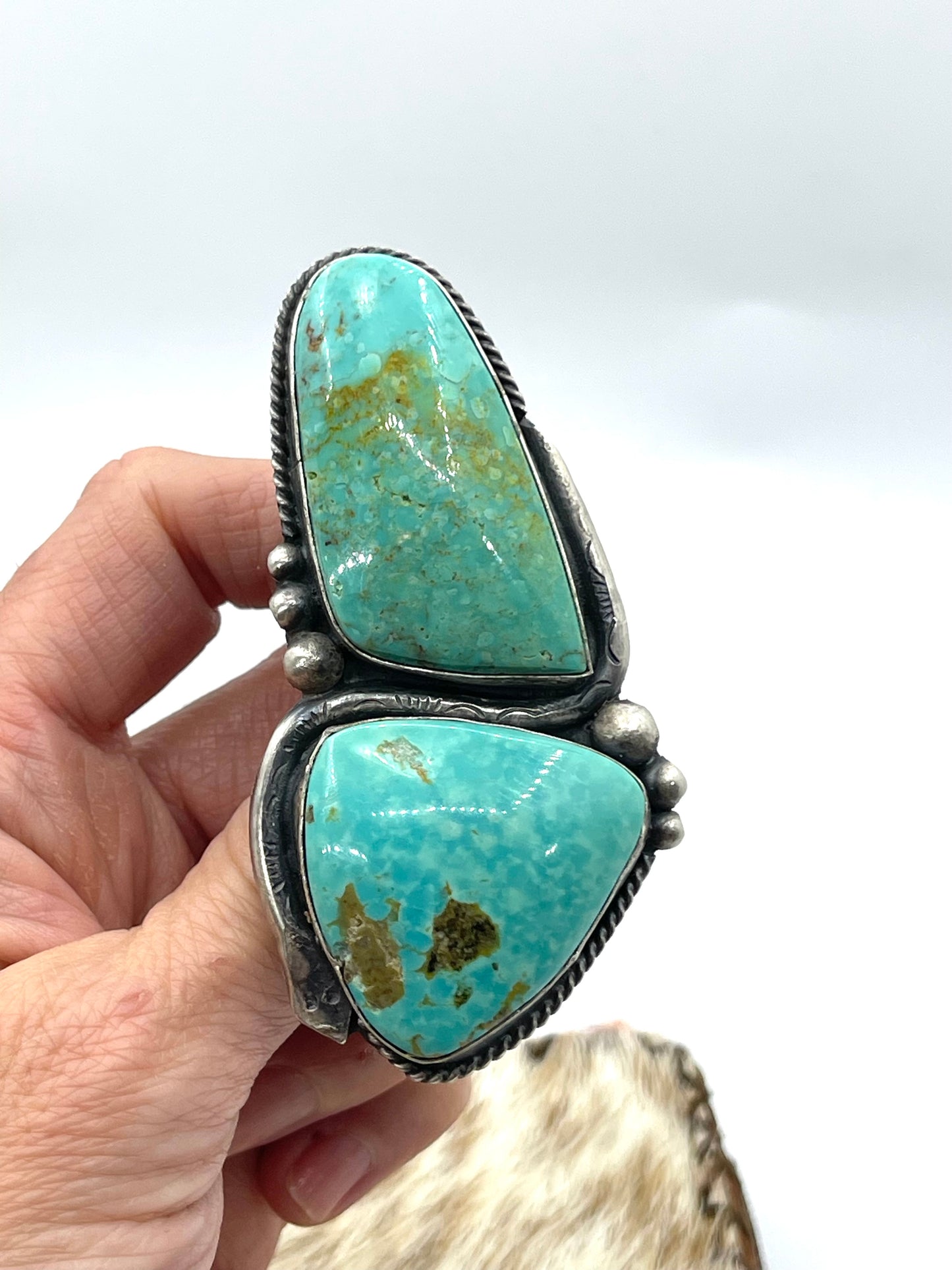 Two Stone Emerald Valley Turquoise 9.0 - 10.0 Adjustable Ring by Boyd J. Ashley, Navajo