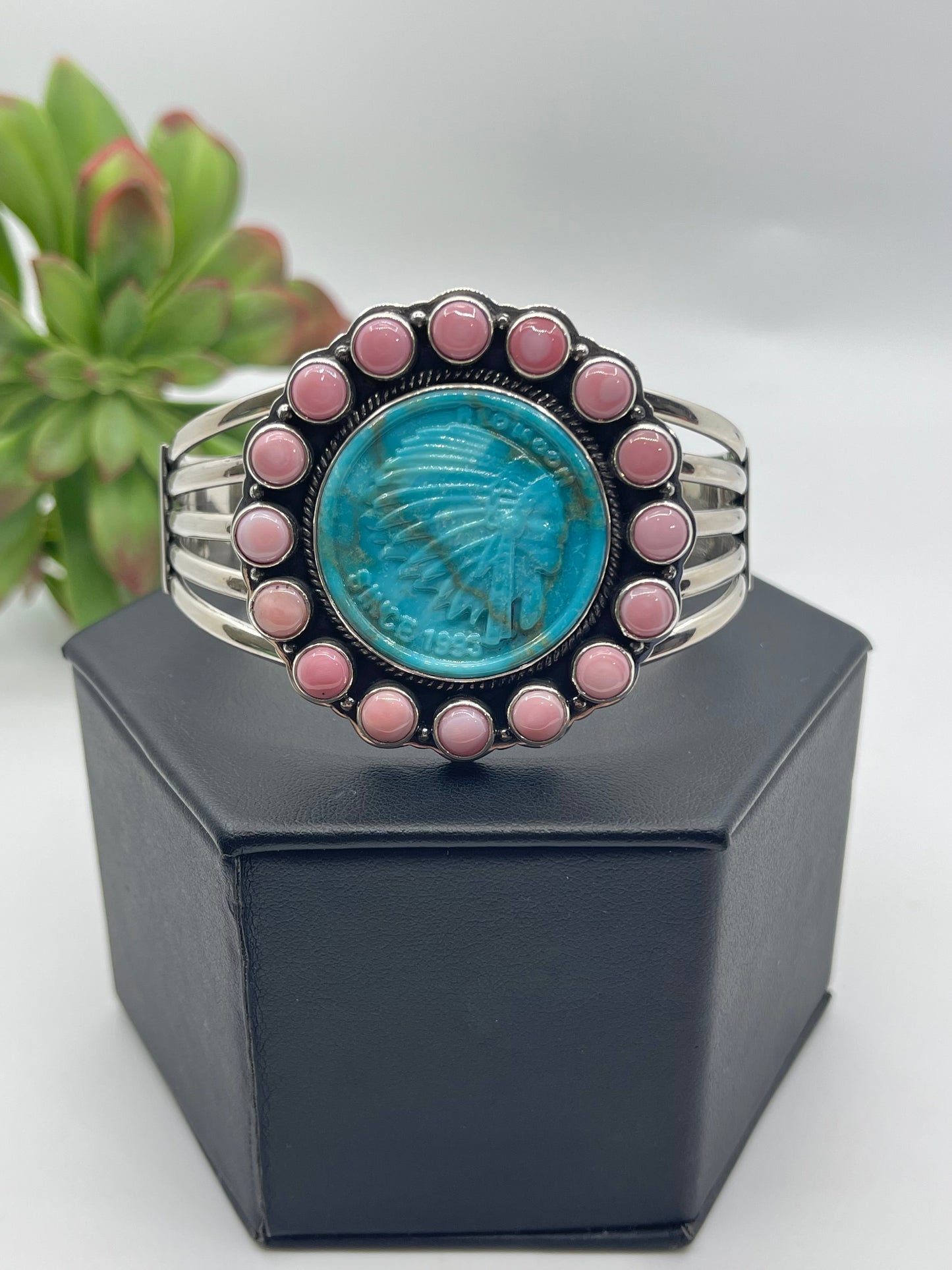 6.5"-8" Block Turquoise With Chief & Pink Conch Shell Cuff