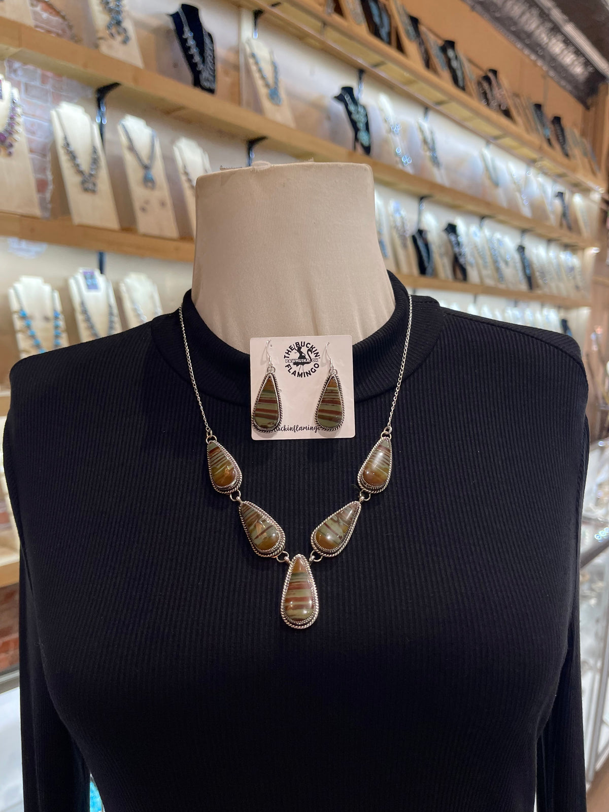 5 Stone Necklace & Earring Set Owyhee Picture Jasper by Joe Begay, Navajo