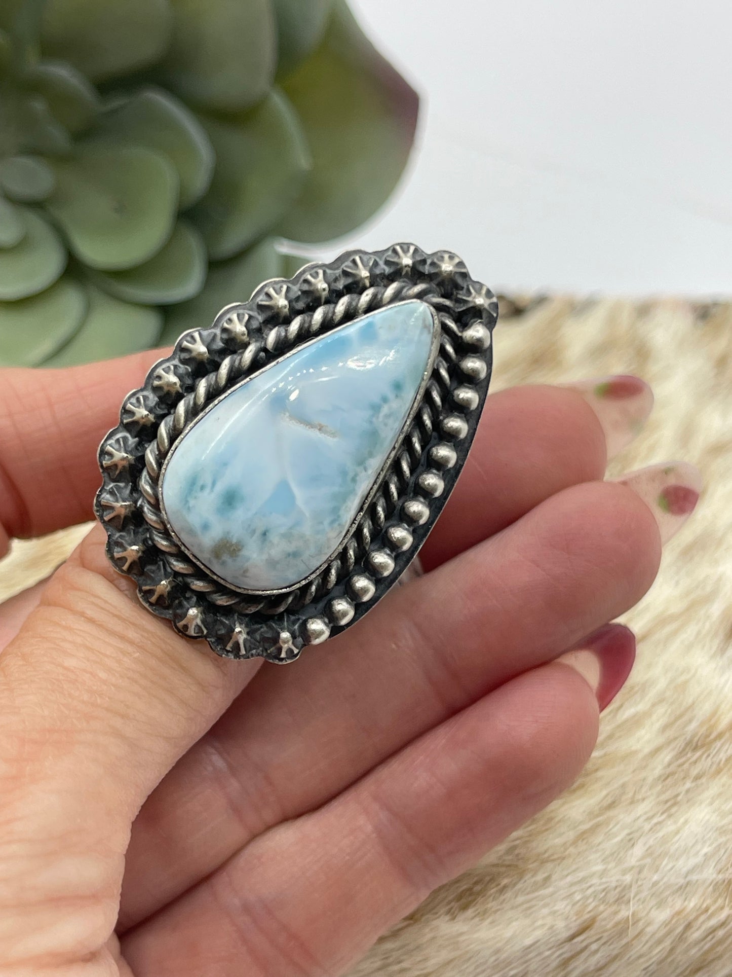 8.5 Larimar Ring by T. Nez Sr., Navajo