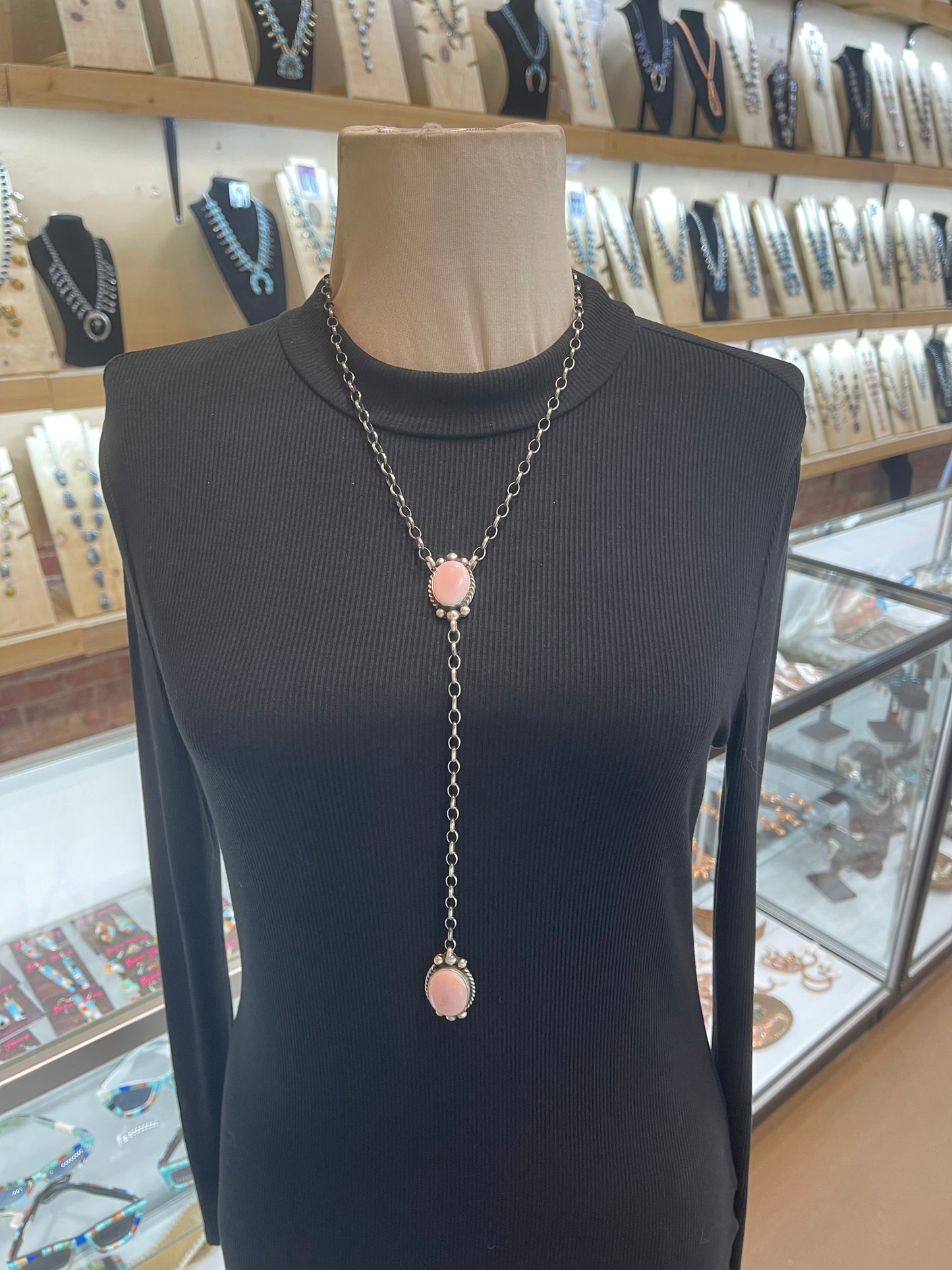 20"+9" Drop 2 Stone Pink Conch Lariat by Augustine Largo, Navajo