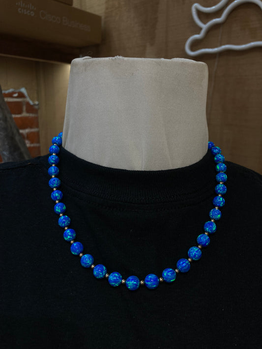 18" 14K Solid Gold and 8mm Blue Opal Beads Necklace