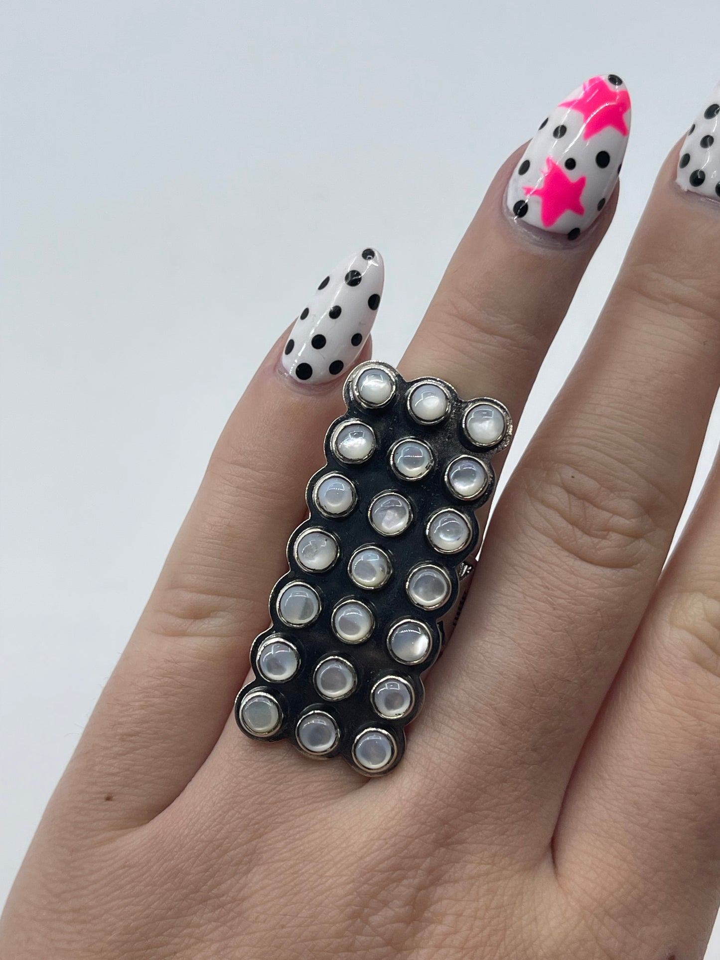 7 Row, 21 Stone White Mother of Pearl Adjustable Ring