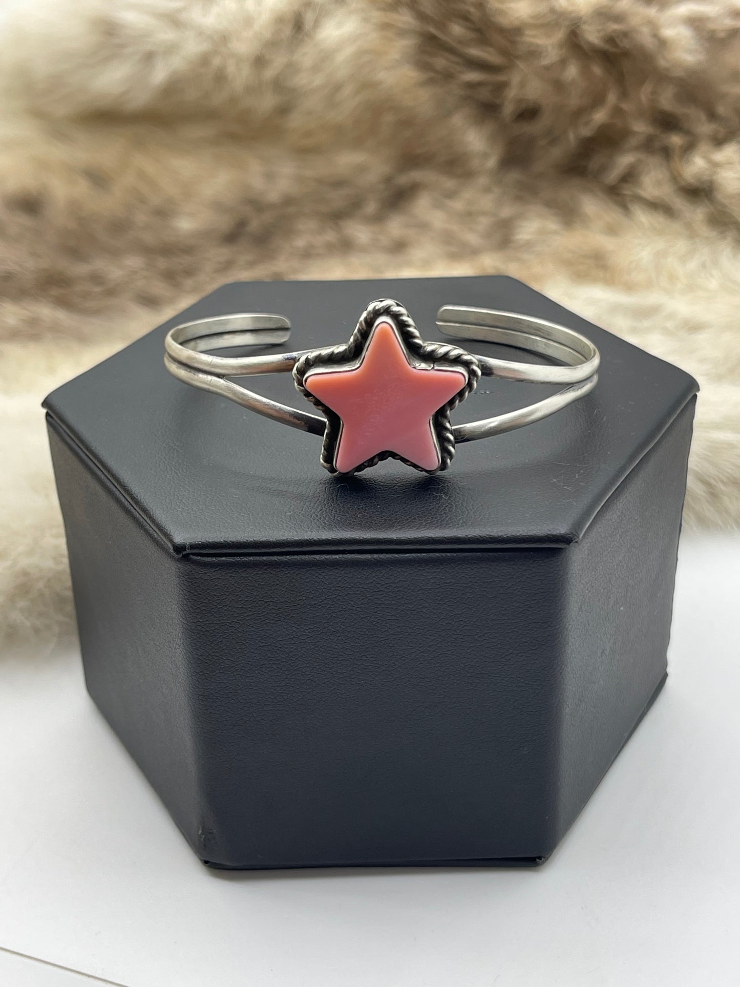 5.75"-7.5" Pink Conch Shell Star Cuff by Larson Chee, Navajo