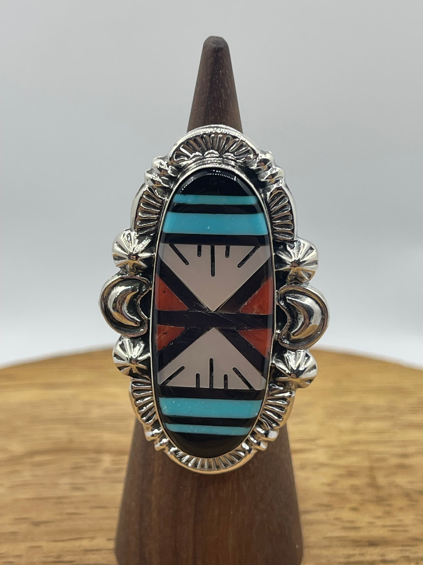 6.0 Inlay Turquoise, Coral, Onyx, and Pearl Ring by Leslie and Gladys Lamy, Zuni
