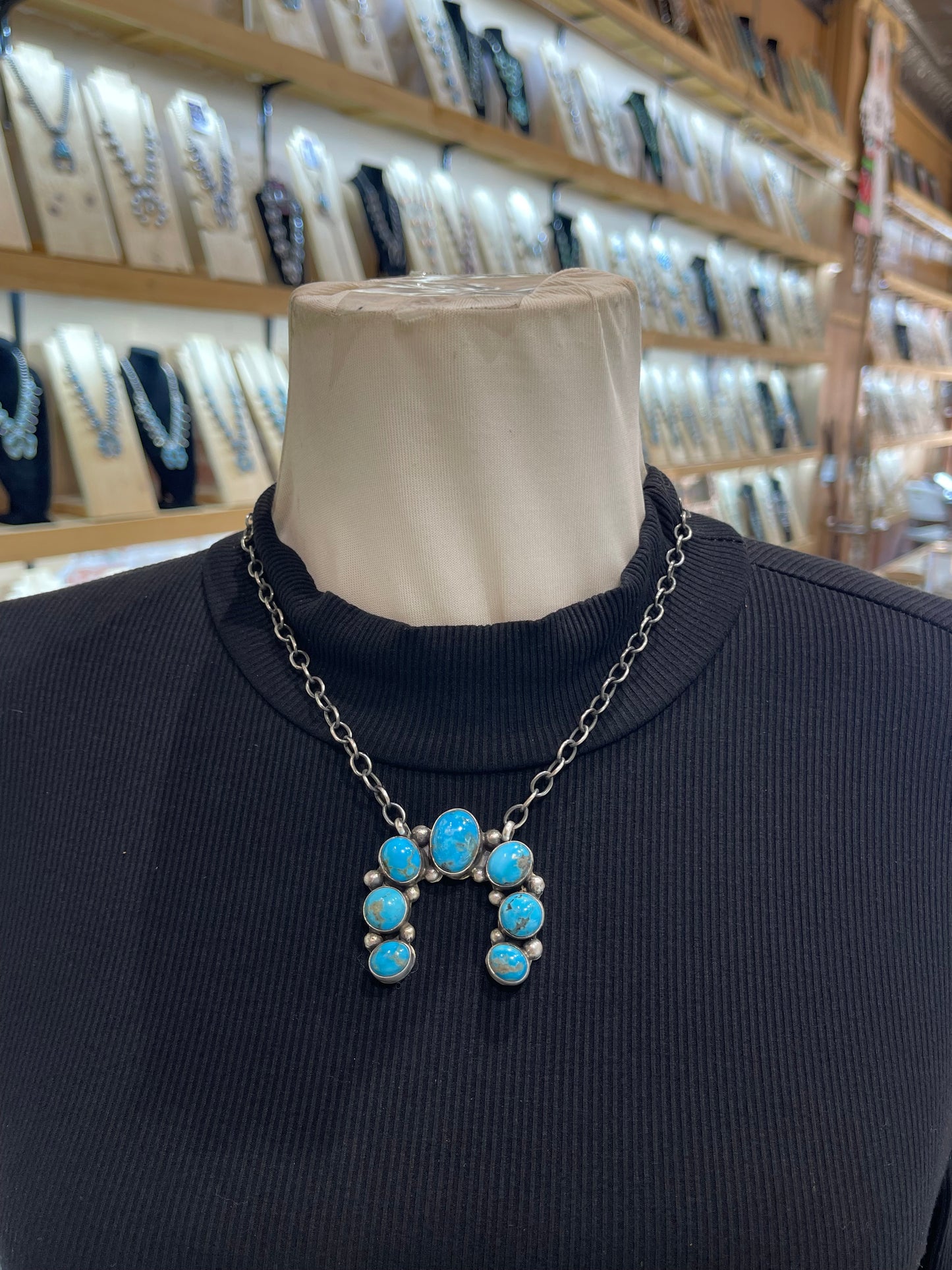 17" Kingman Turquoise Naja Necklace by Augustine Largo, Navajo