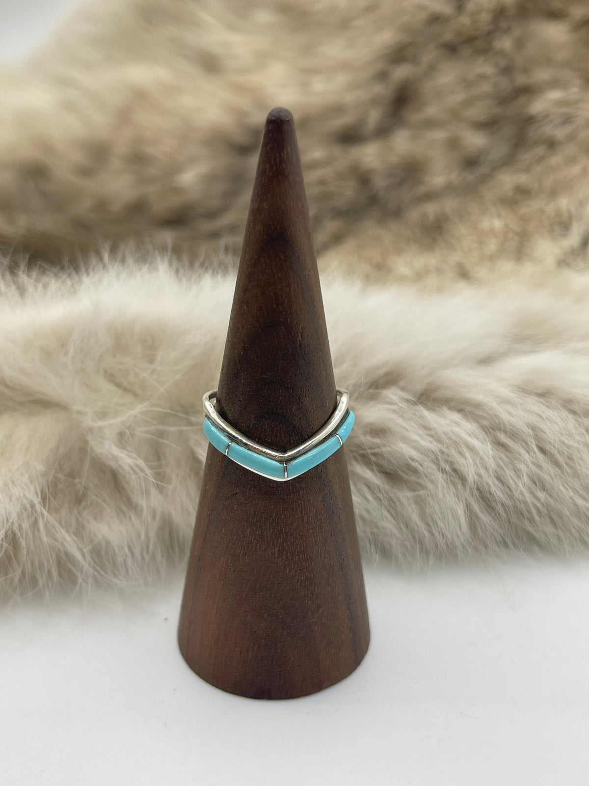 8.0 Turquoise Inlay Chevron Ring by Jamie Johnson, Navajo