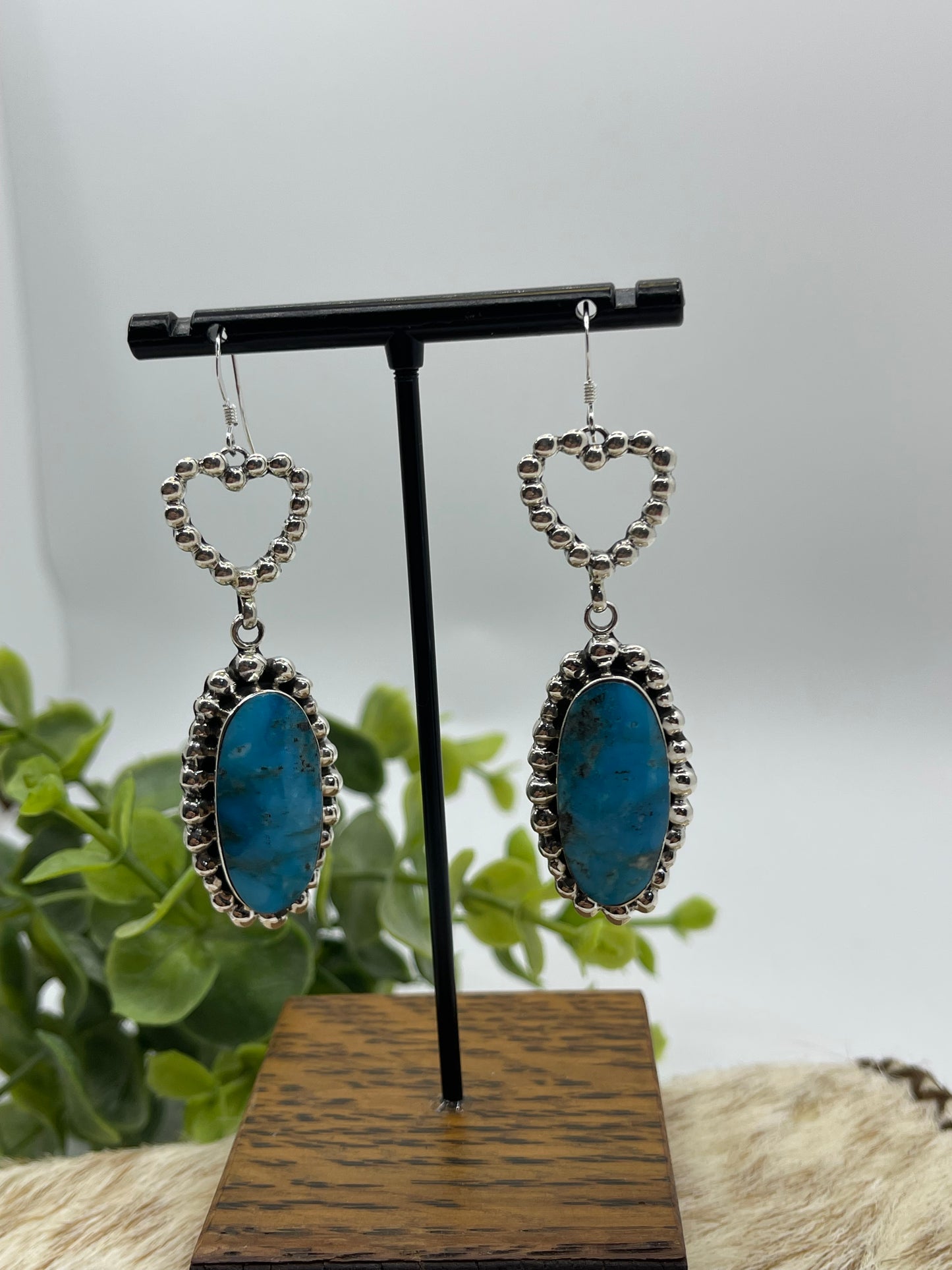Blue Kingman Turquoise Heart Dangle Earrings by Emerson Delgarito, Navajo