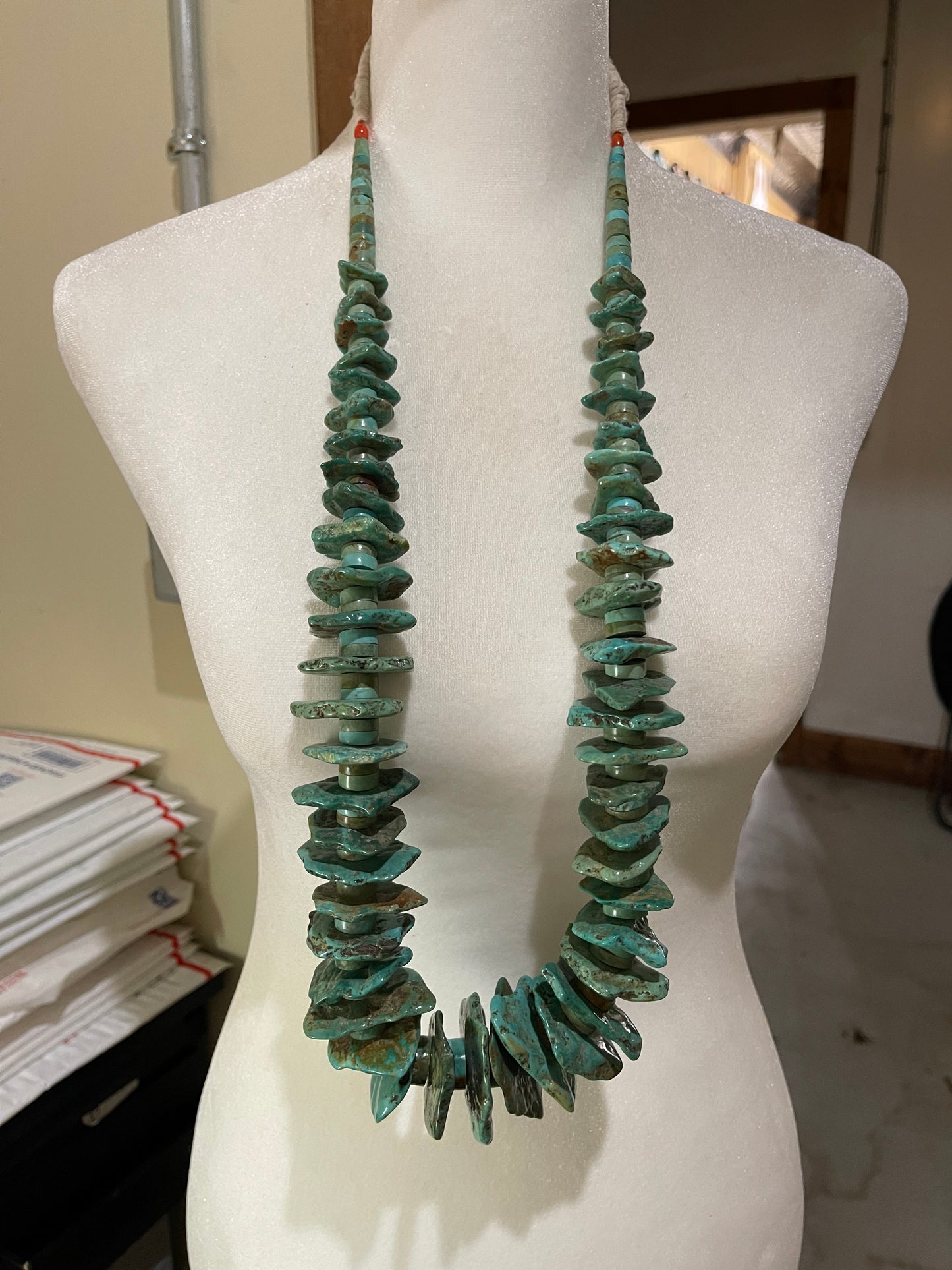 35" Hand Cut Old Turquoise Necklace by Jolene Bird, Santo Domingo