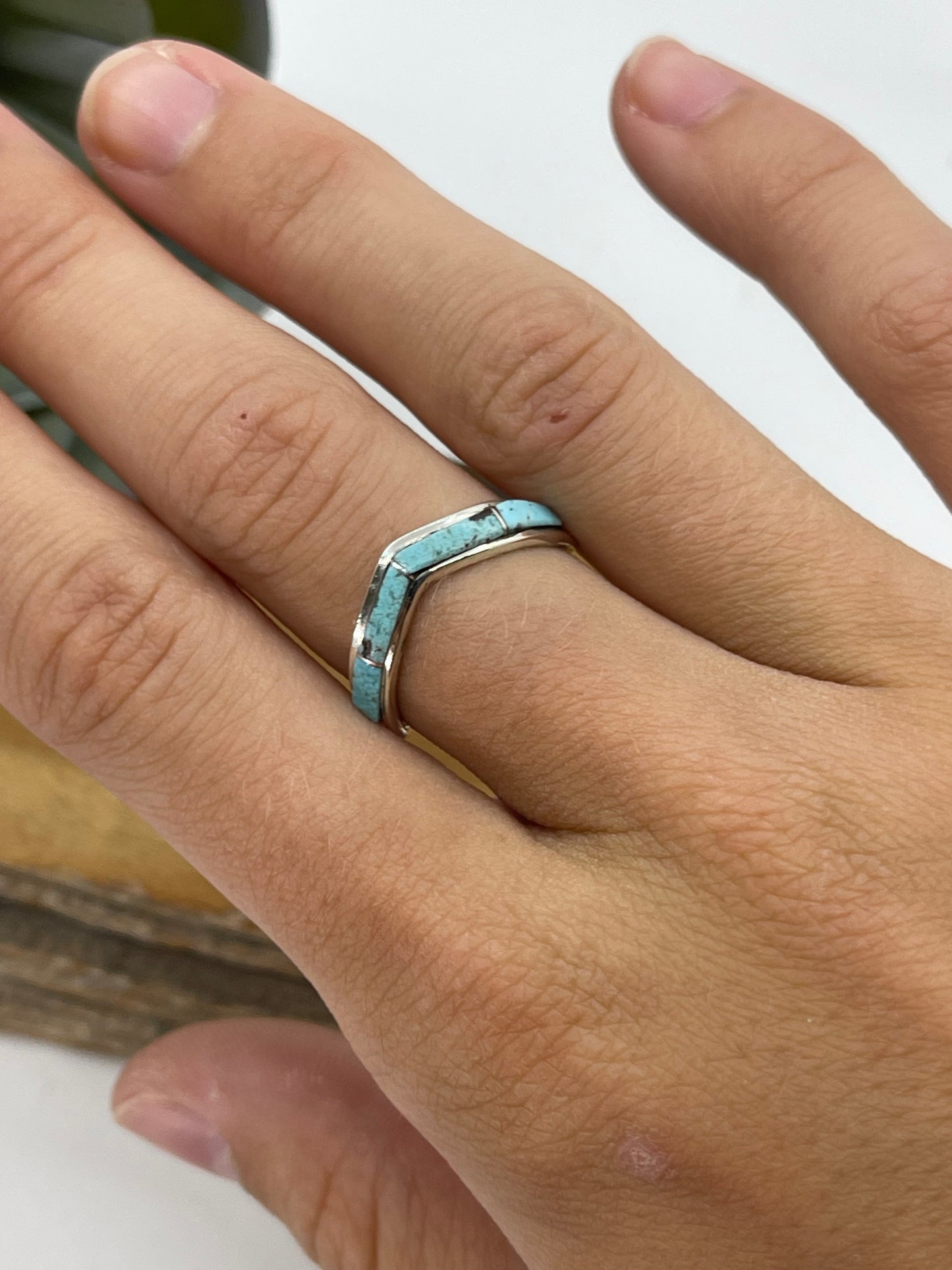 6.0 Inlay Turquoise Chevron Ring by Jamie Johnson, Navajo