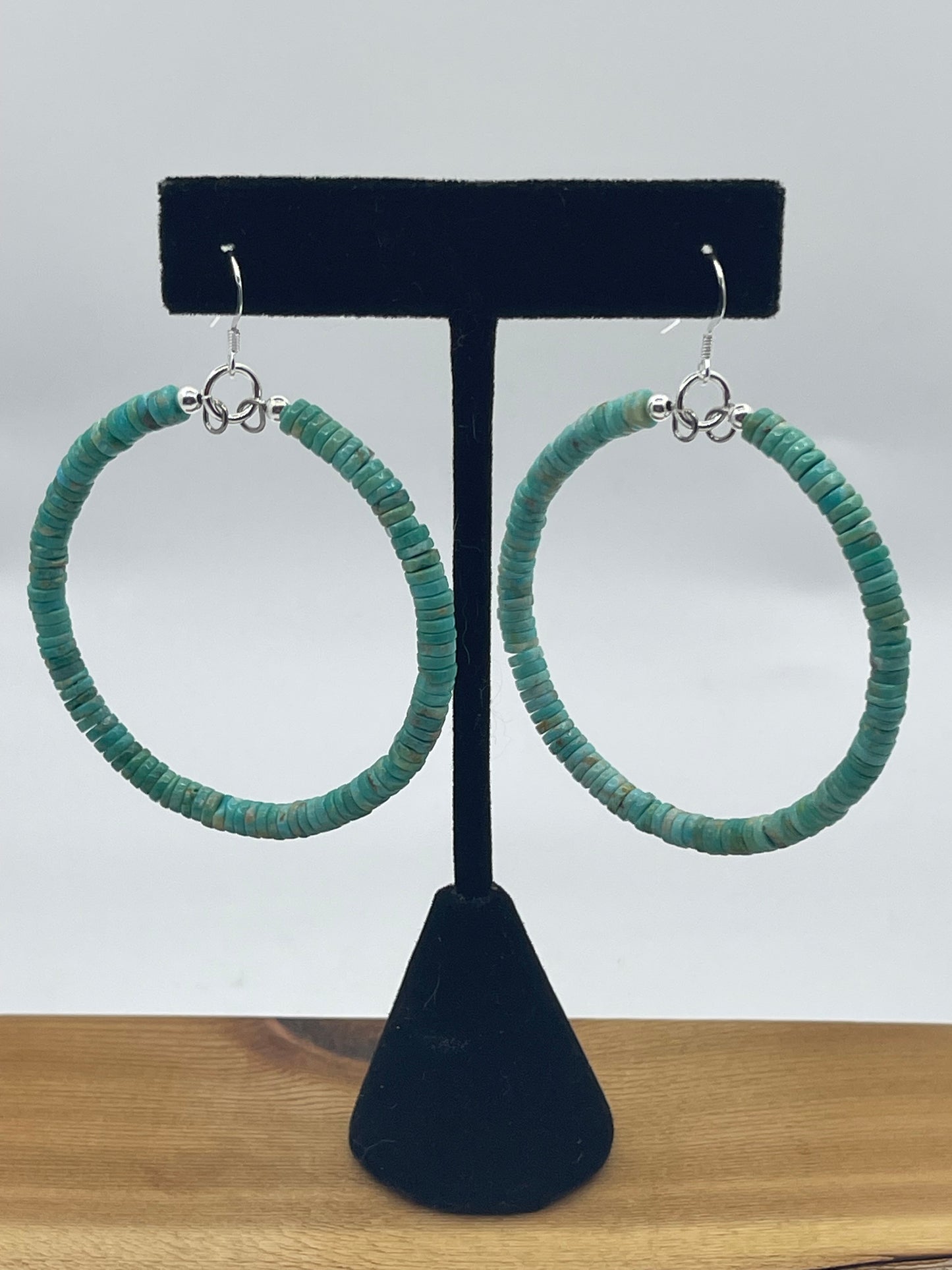 Natural Royston Turquoise Heishi Bead Dangle Hoop Earrings by Ramona Calabaza, Santo Domingo