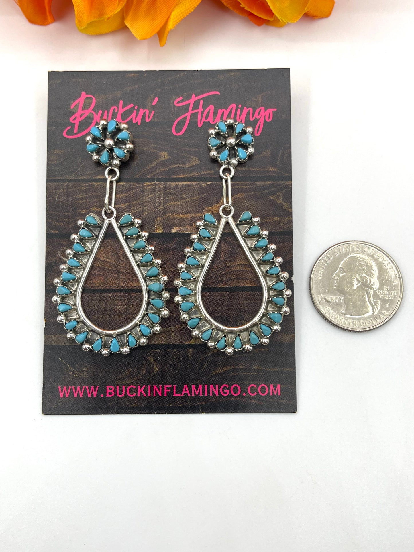 Zuni Needlepoint Turquoise Cluster Teardrop Dangle Earrings by Tricia Leekitty, Zuni
