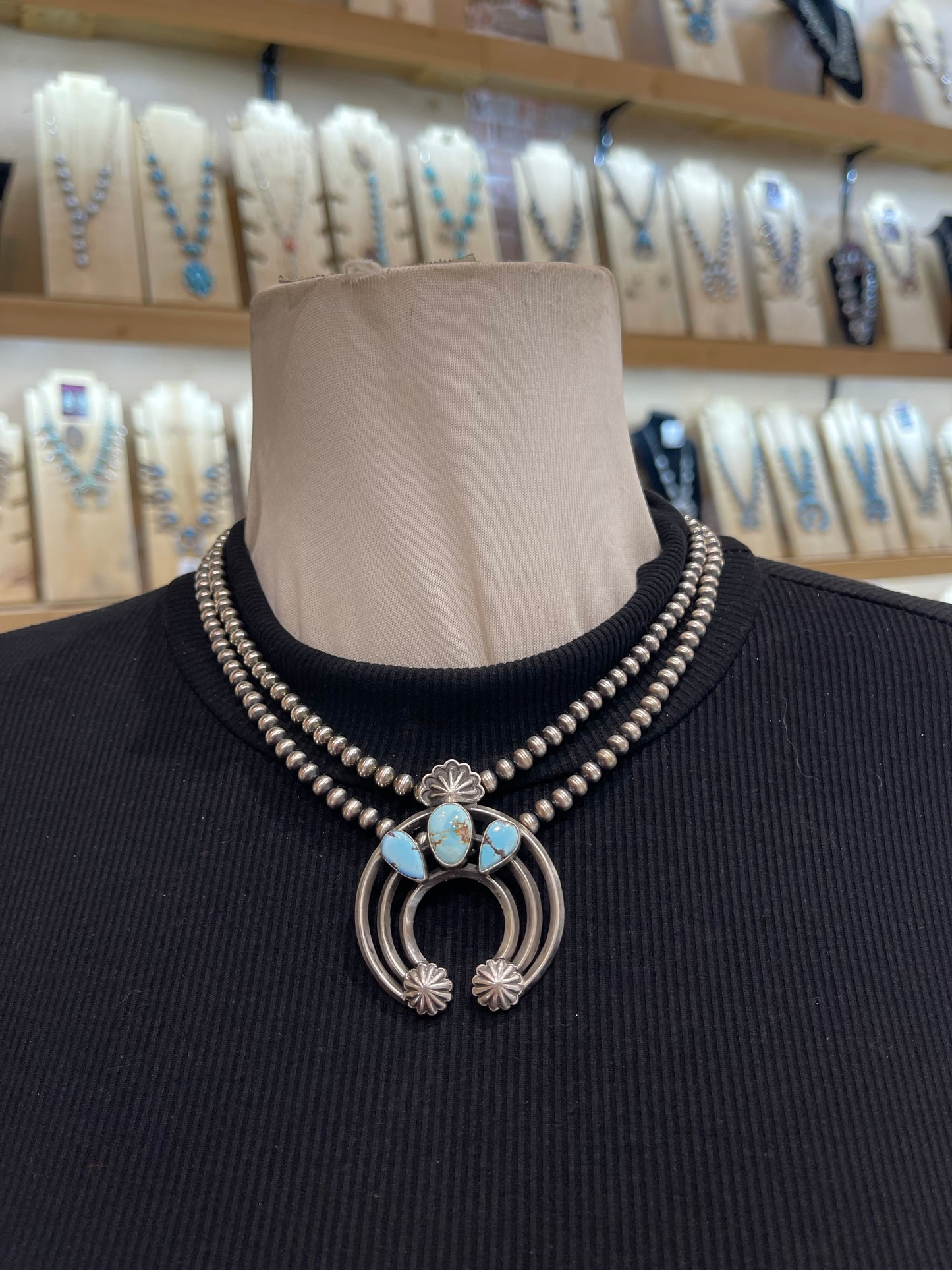 18" 5mm Golden Hills Turquoise Naja 2 Strand Necklace by Dave Morgan, Navajo
