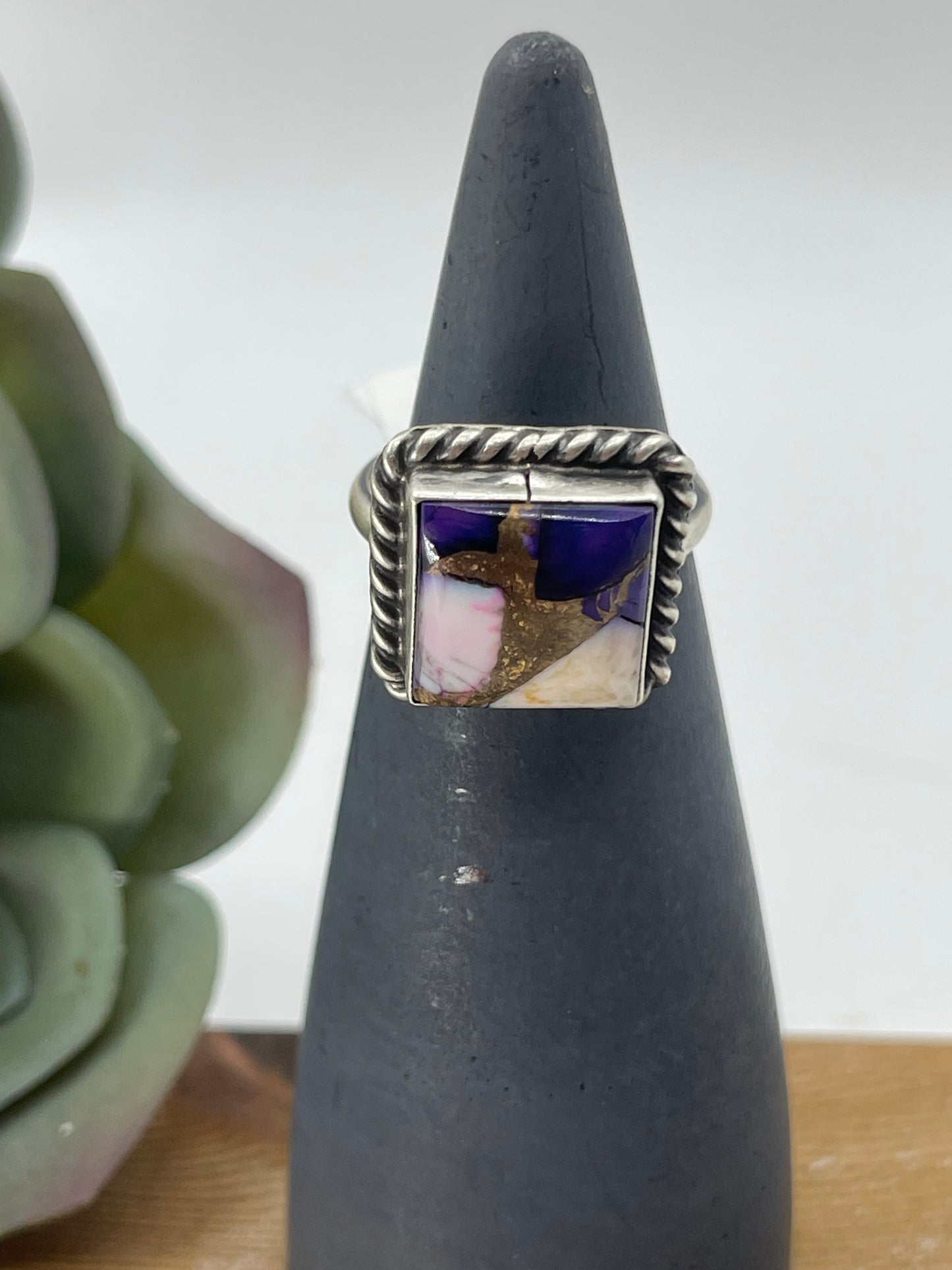 LOT 22 A 1/11 Adjustable Lavender Dahlia Square Ring by Johnny Dixon, Navajo