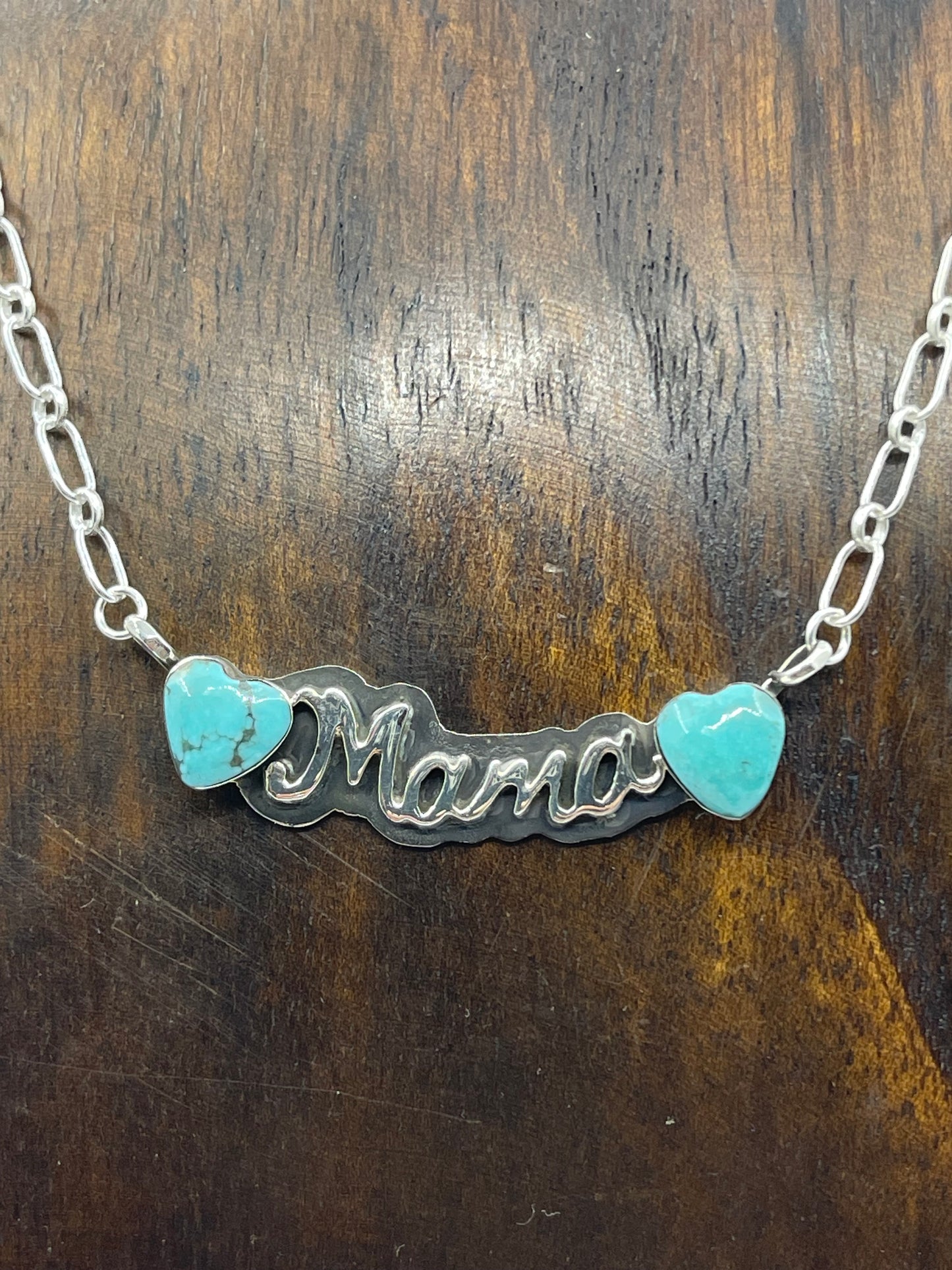 17" Turquoise Heart "MAMA" Necklace with Paperclip Chain