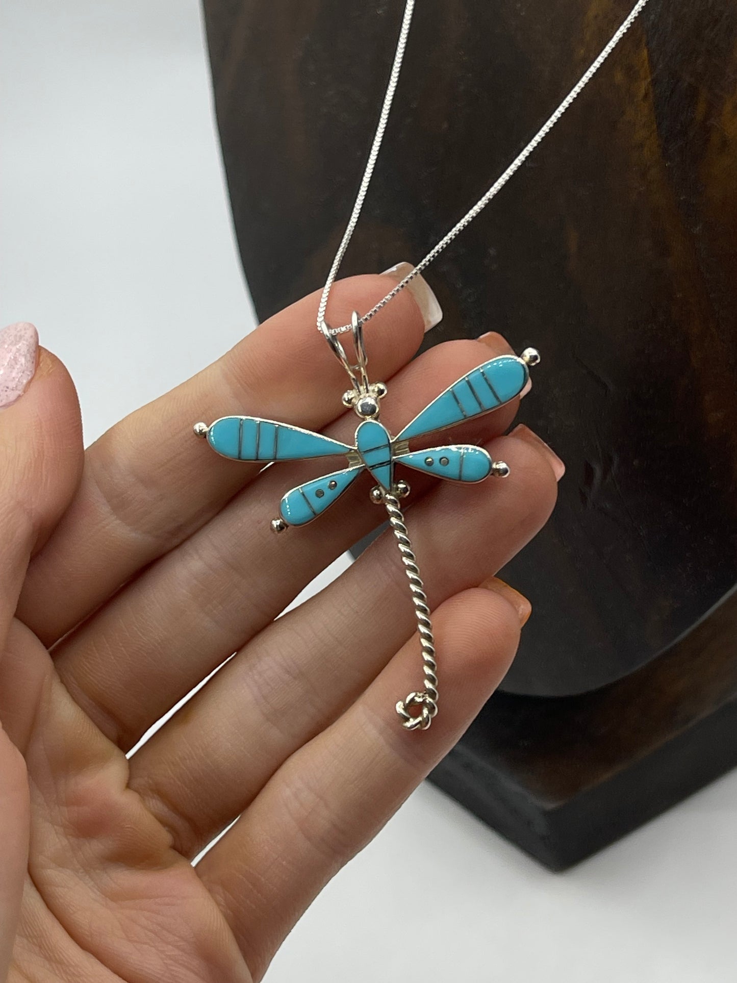 18" Inlay Turquoise Dragonfly Pendant Necklace