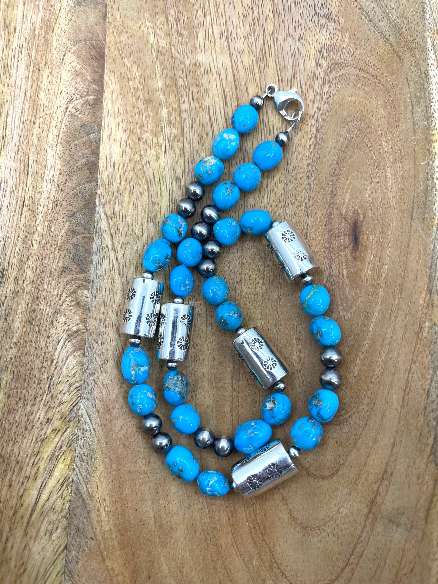 20" Natural Sleeping Beauty Turquoise Nugget Necklace wtih Silver Beads