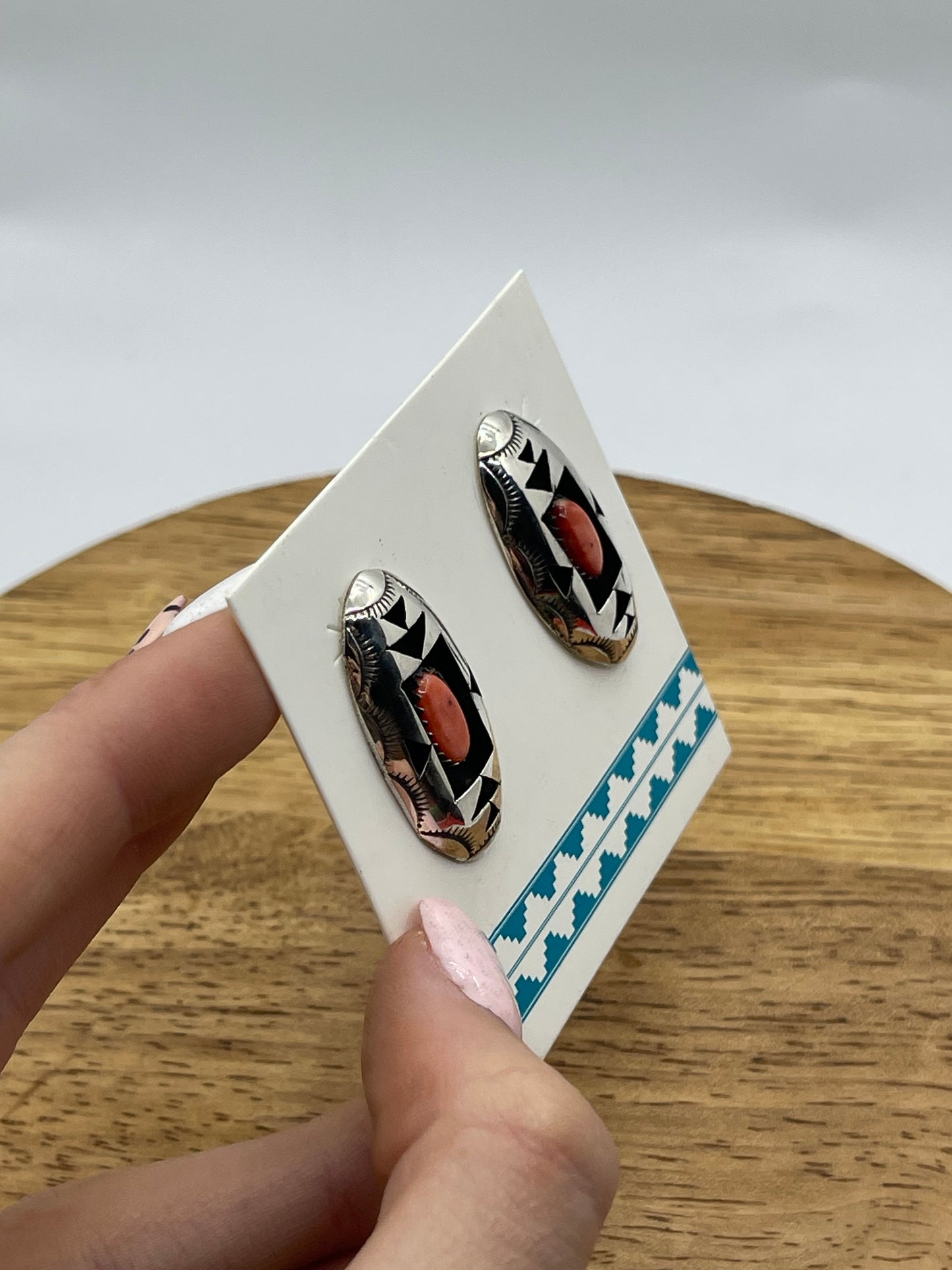 Orange Spiny Oyster Shell Shadowbox Post Earrings by Felix Perry, Navajo