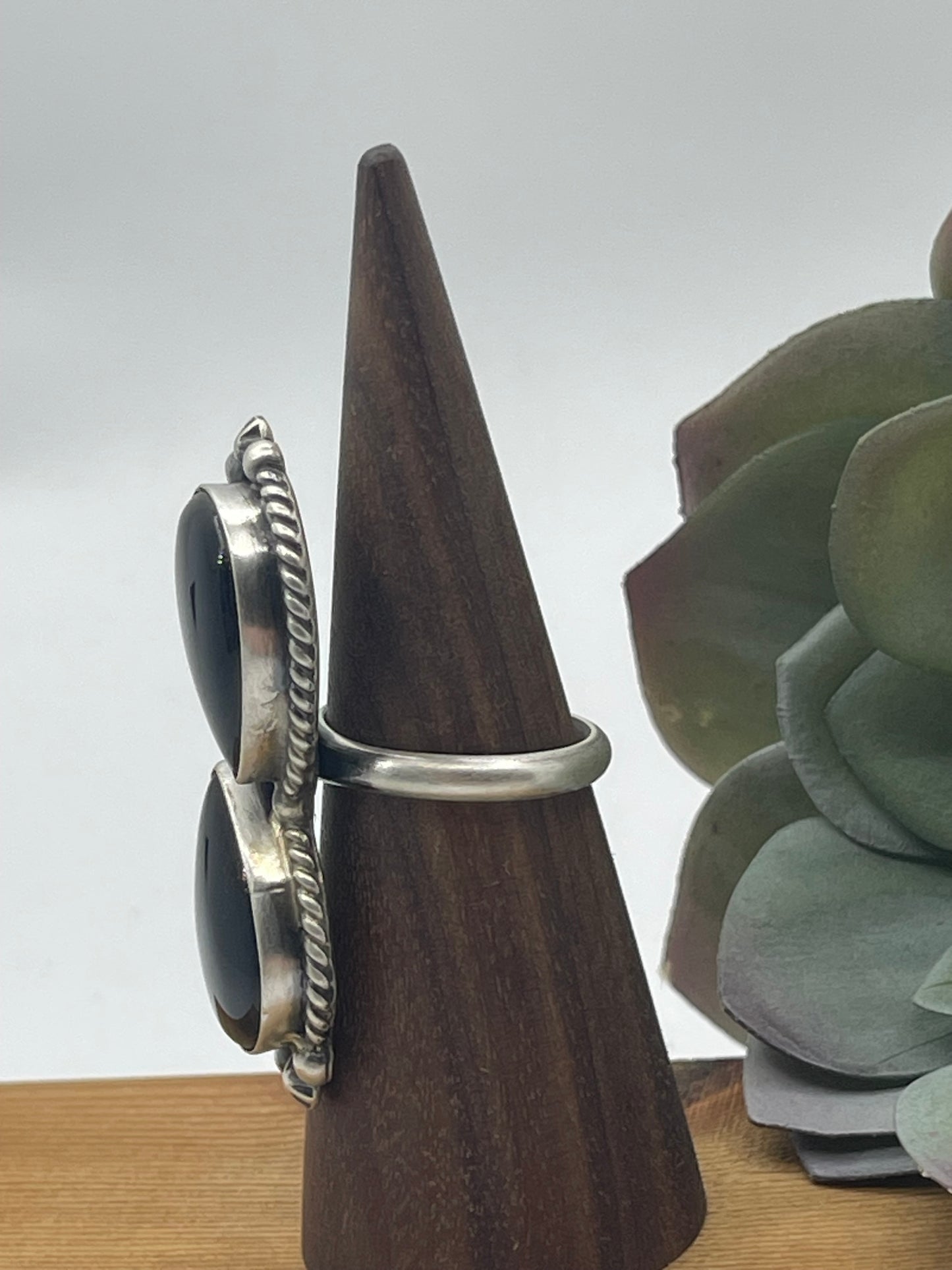 Adjustable 2 Stone Black Onyx Ring by Eugene Belone, Navajo