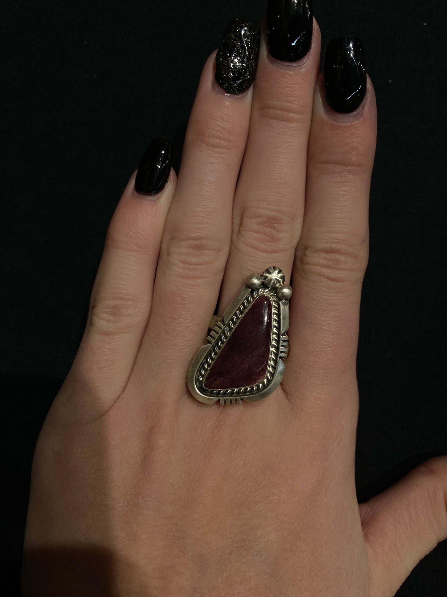 Adjustable Purple Spiny Oyster Shell Triangle Shaped Ring by Alfre Martinez, Navajo