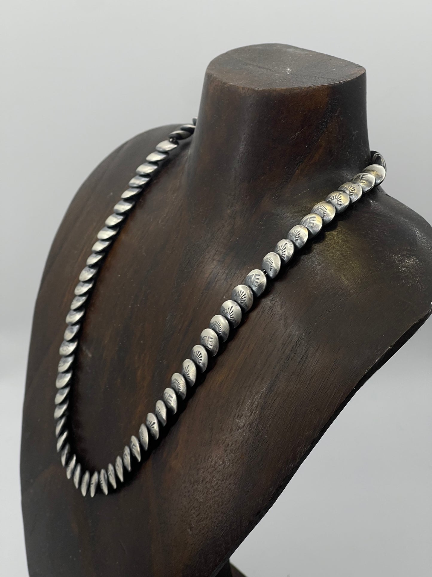 18" 9mm Stamped Pillow Beaded Necklace by Maryetta D. Kellywood, Navajo