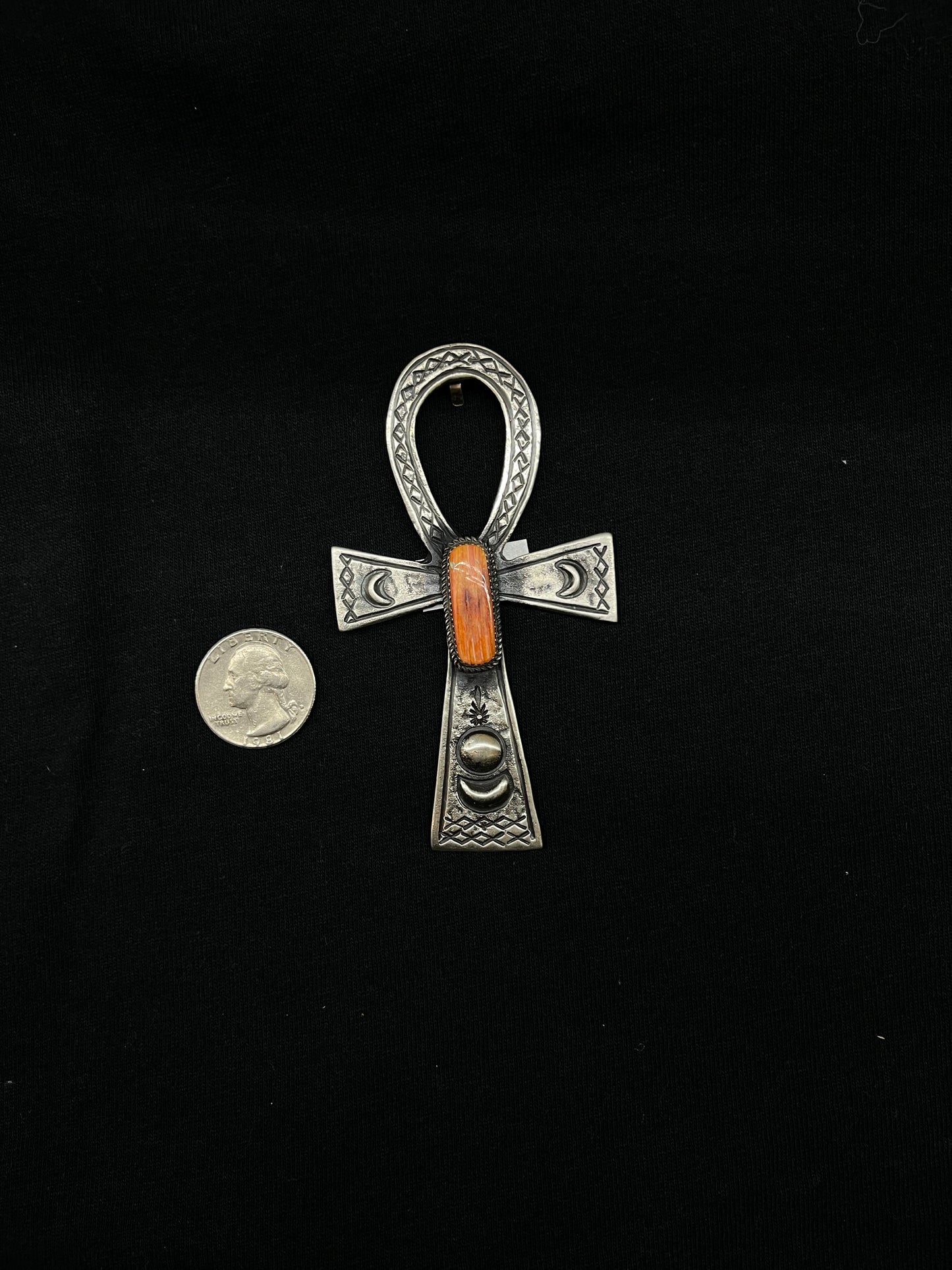 Orange Spiny Oyster Shell Cross Pendant with Shepards Hook by Martha Cayatineto, Navajo