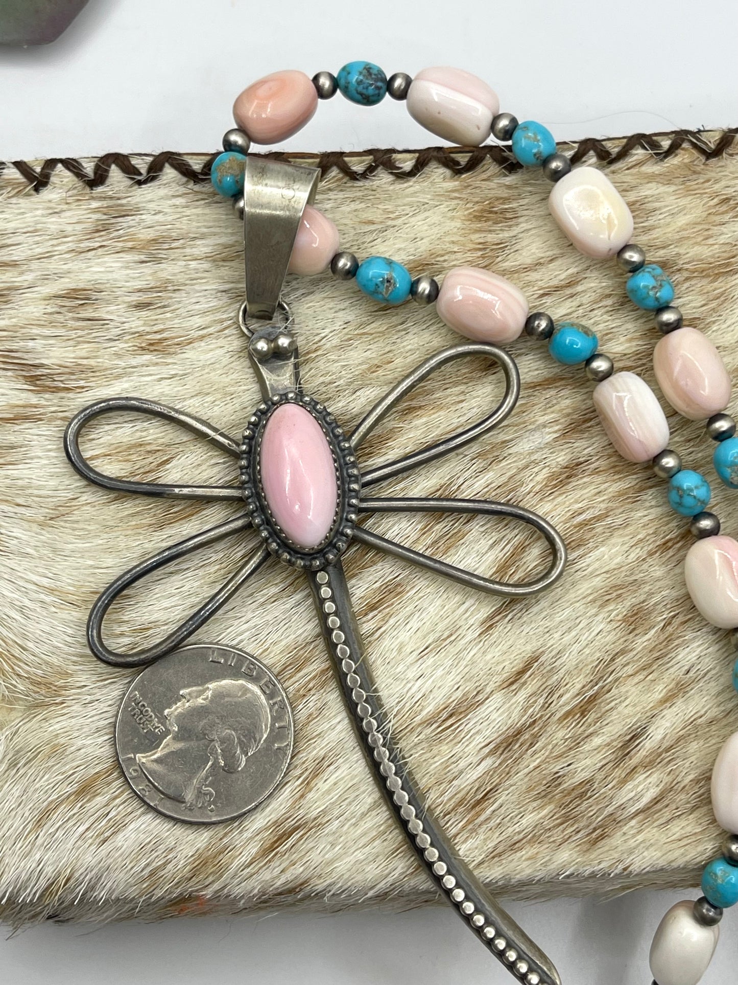 18" Pink Conch Shell & Sleeping Beauty Turquoise Necklace with Dragonfly Pendant by Delbert Secatero, Navajo