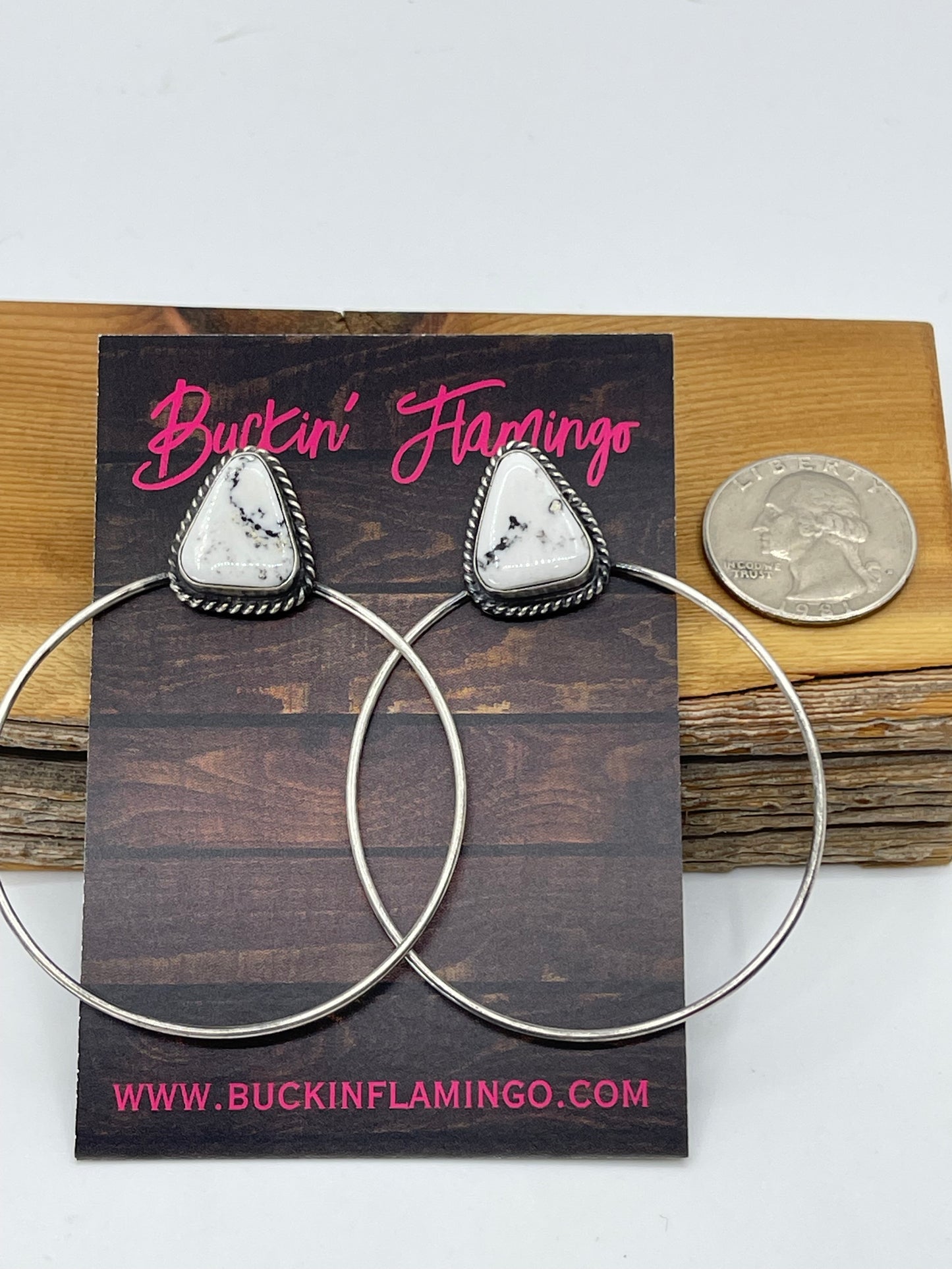 White Buffalo Triangle Post Hoop Earrings by Elouise Kee, Navajo
