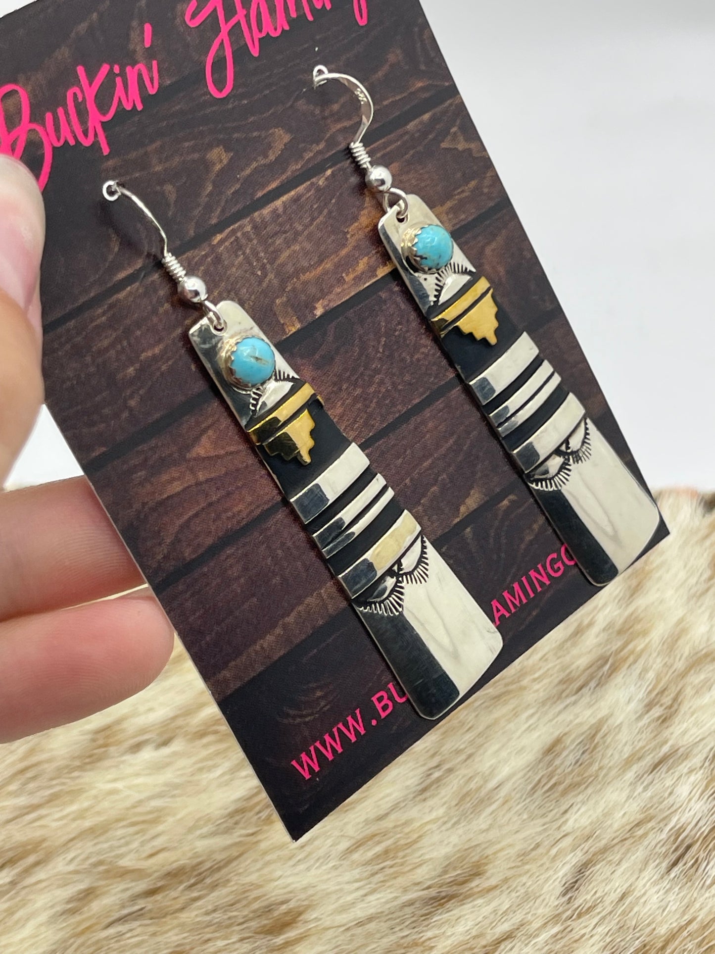 Silver and Brass Overlay Dangle Earrings with Turquoise by Tommy and Rose Singer, Navajo