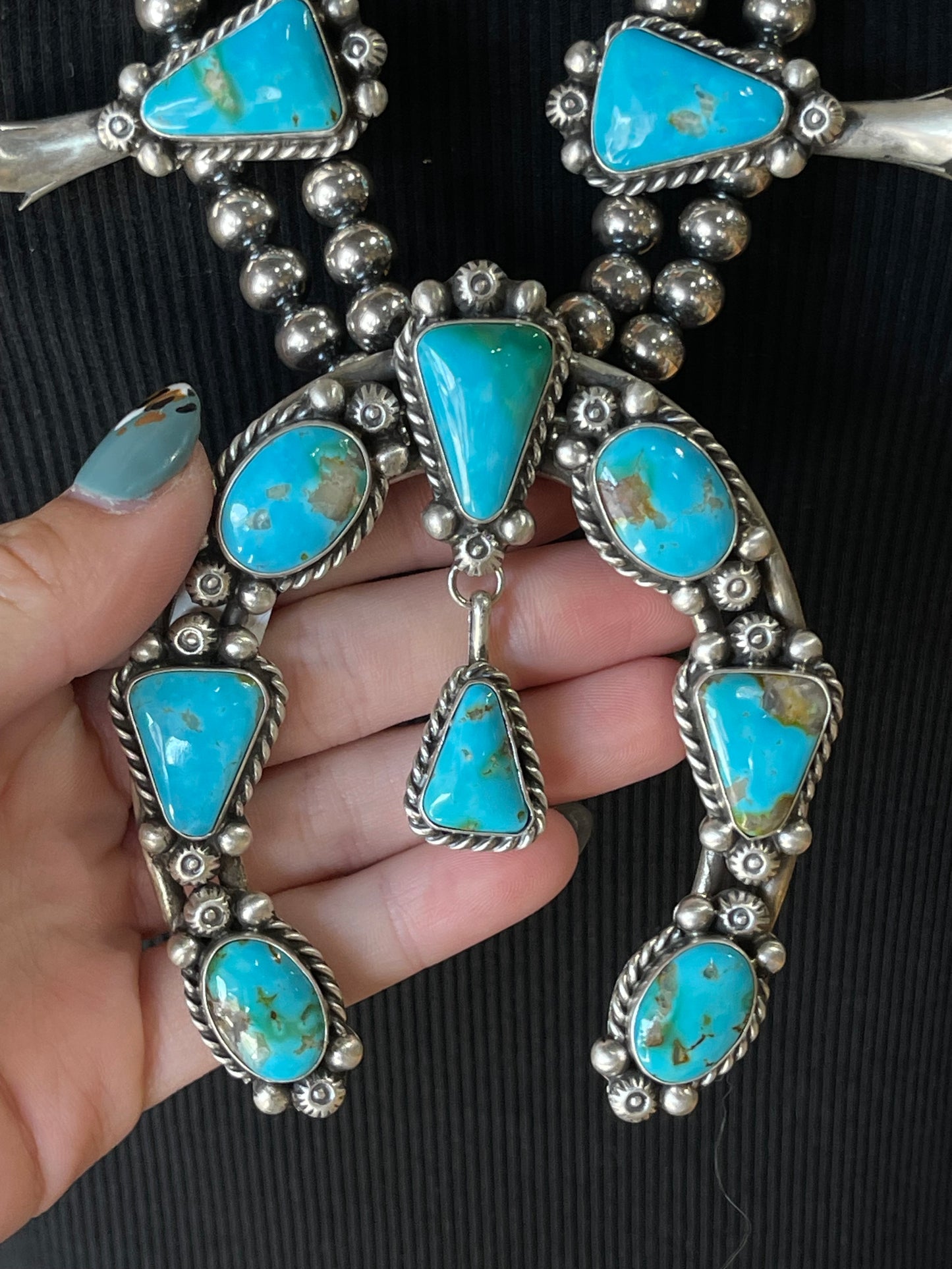 30" Sonoran Gold Turquoise Squash Blossom with 7mm Navajo Pearls by Tom Lewis, Navajo