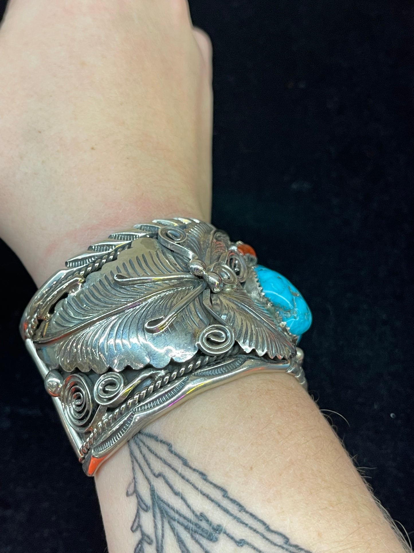 Turquoise and Coral Cuff Bracelet by Mike Thomas Navajo