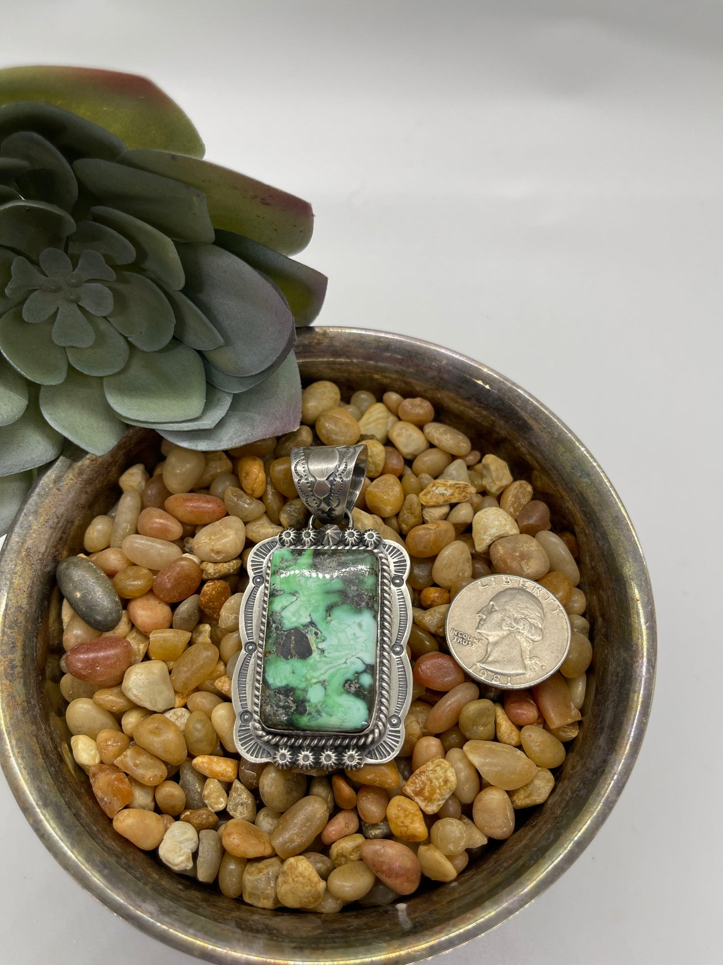 Emerald Rose Turquoise Rectangle Pendant with a 11.3mm Bale by Gilbert Platero, Navajo