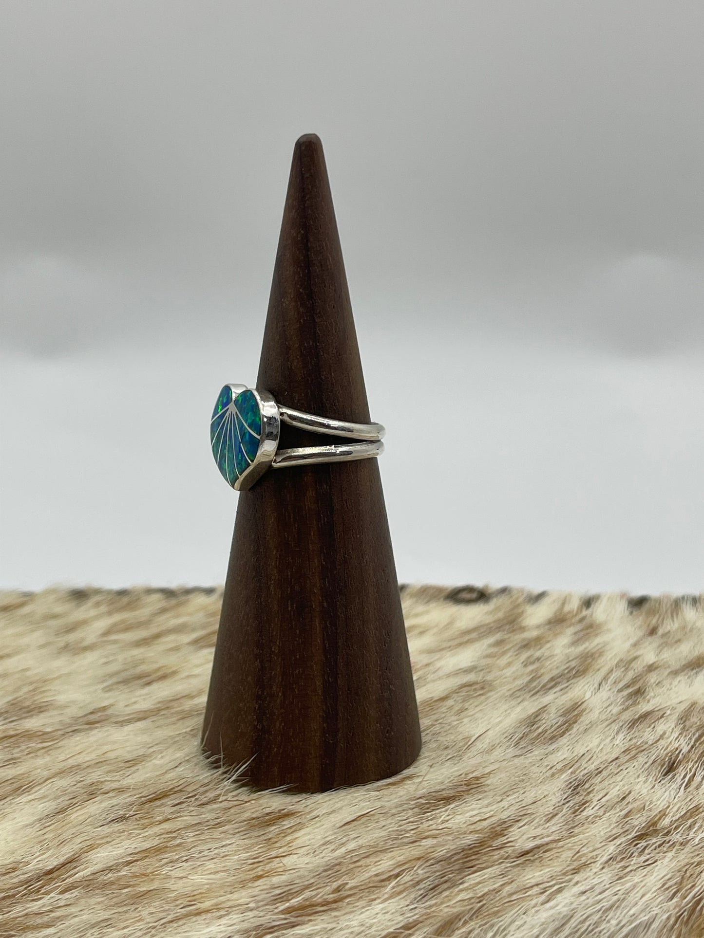 6.5 Green Opal Inlay Heart Ring by Gina Dosedo, Zuni