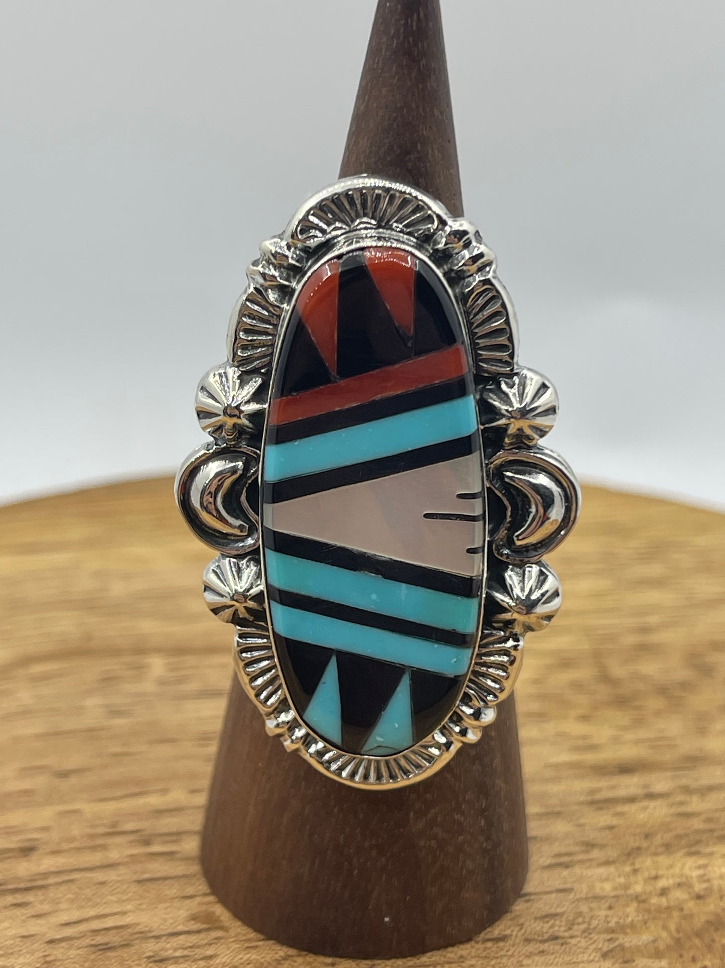 8.0 Inlay Turquoise, Coral, Onyx, and Pearl Ring by Leslie and Gladys Lamy, Zuni