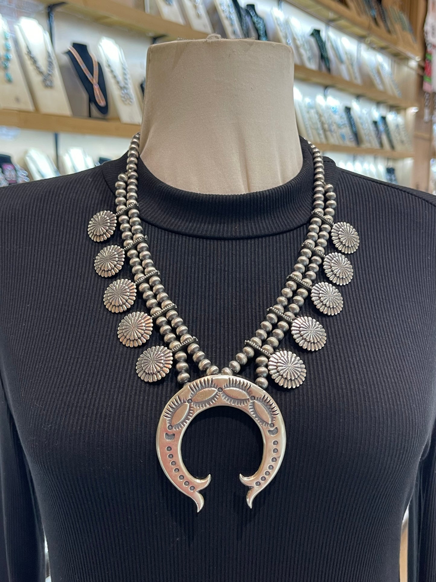 20" 7mm Concho Squash Blossom Necklace by Bobby Platero, Navajo