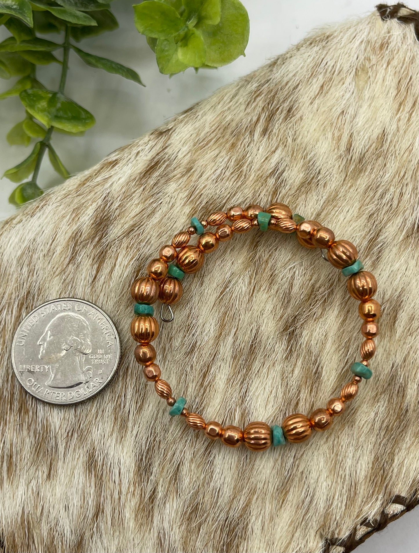 Copper Bead & Turquoise Memory Wire Bracelet