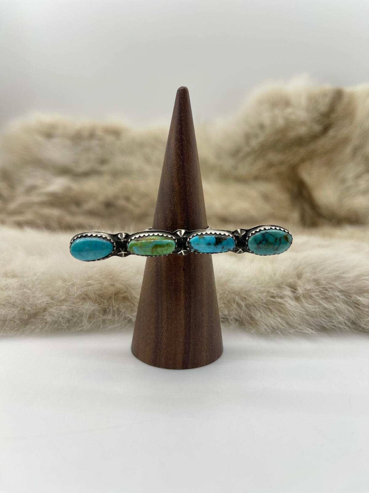 8.5 4 Stone Kingman, Sleeping Beauty & Sonoran Gold Turquoise Ring by Christina Jackson, Navajo